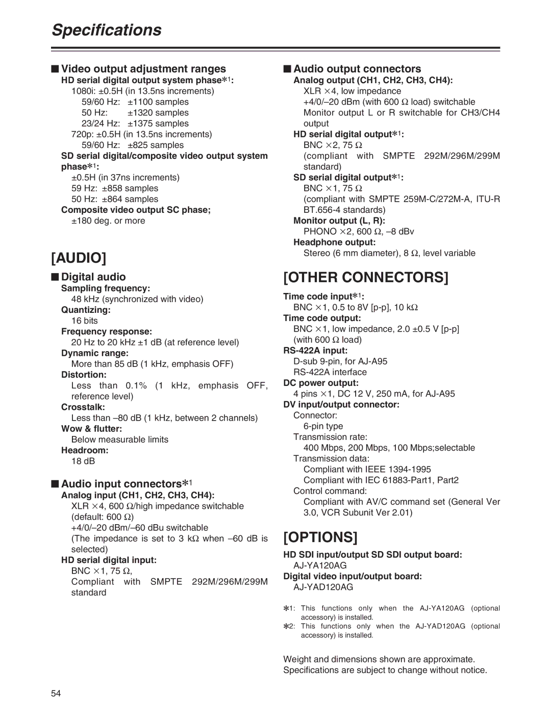 Panasonic AJ-YA120AG manual Other Connectors, Options 