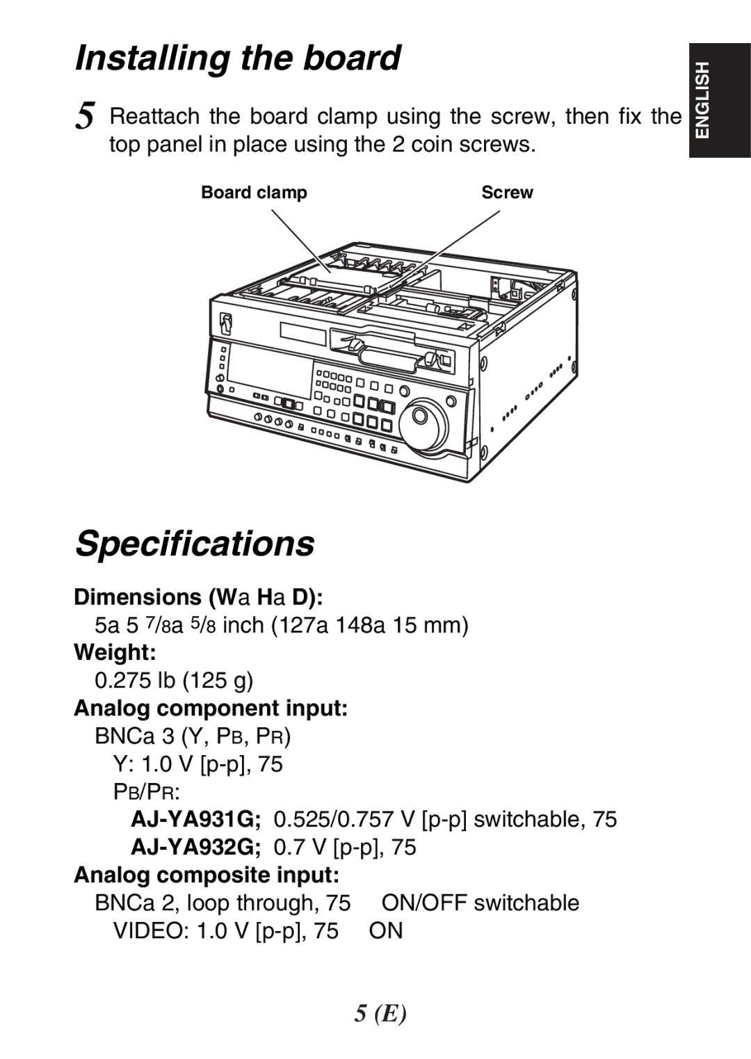 Panasonic AJ-YA931, AJ-YA932 operating instructions Specifications, Analog component input 