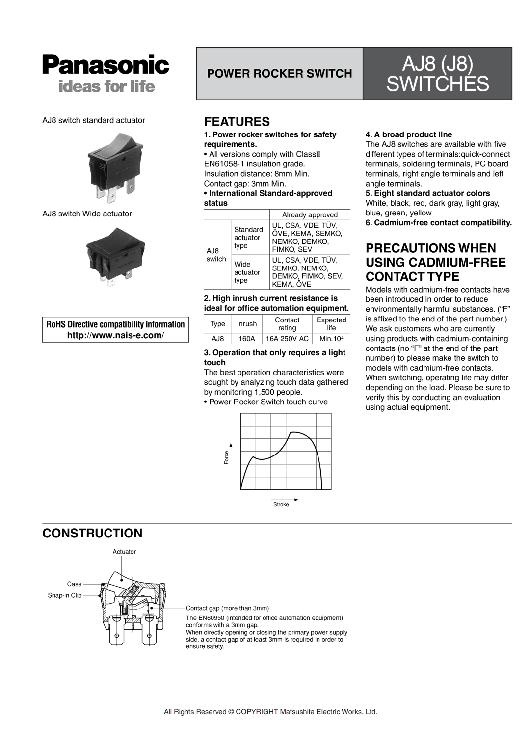 Panasonic AJ8 (J8) manual Features, Precautions When Using CADMIUM-FREE Contact Type, Construction 