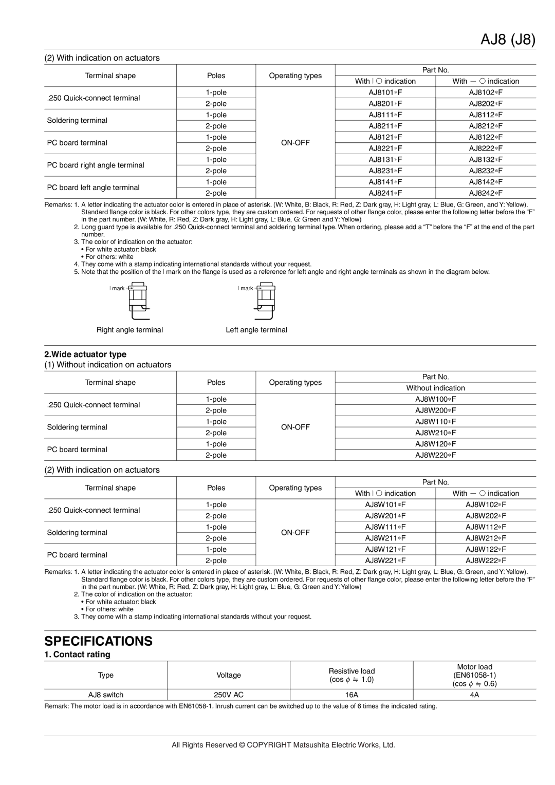 Panasonic AJ8 (J8) manual Specifications, With indication on actuators, Wide actuator type, Contact rating 