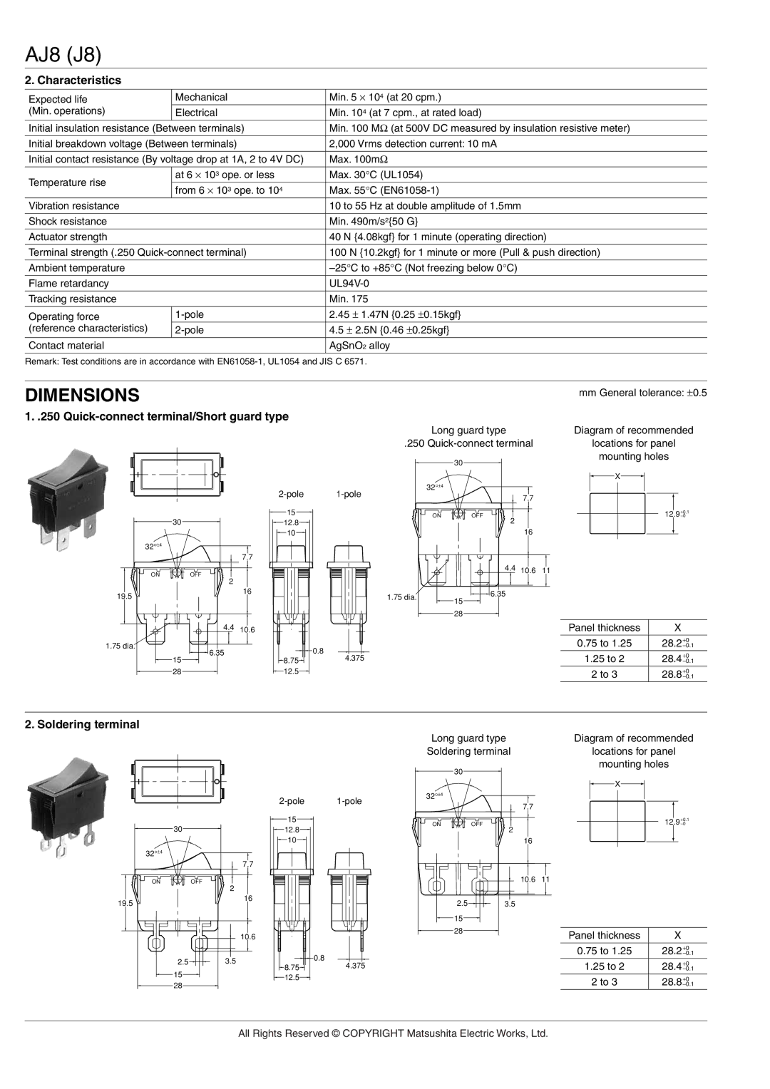 Panasonic AJ8 (J8) manual Dimensions, Characteristics, Quick-connect terminal/Short guard type, Soldering terminal 