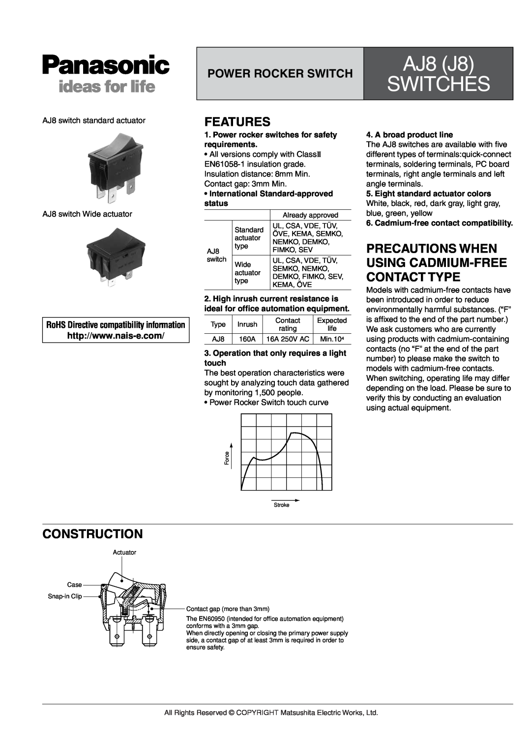 Panasonic AJ8 (J8) manual AJ8 J8, Features, Precautions When Using Cadmium-Free Contact Type, Construction, Switches 
