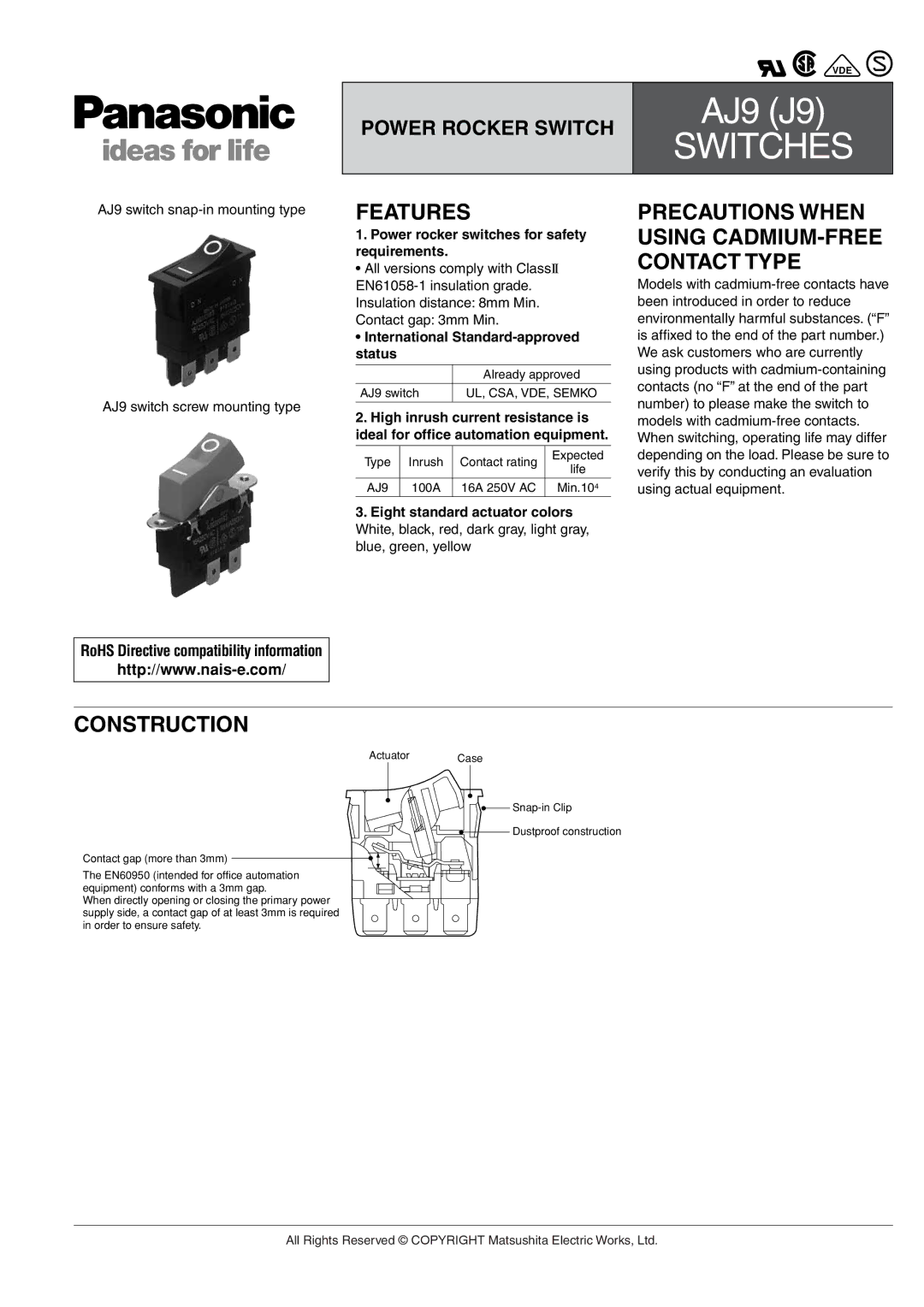 Panasonic AJ9 (J9) manual Features, Precautions When Using CADMIUM-FREE Contact Type, Construction 