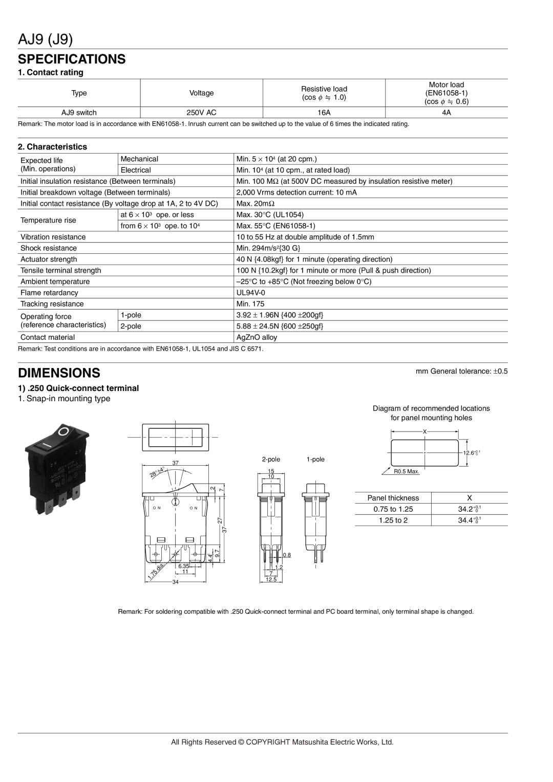 Panasonic AJ9 (J9) manual Specifications, Dimensions, Contact rating, Characteristics, Quick-connect terminal 