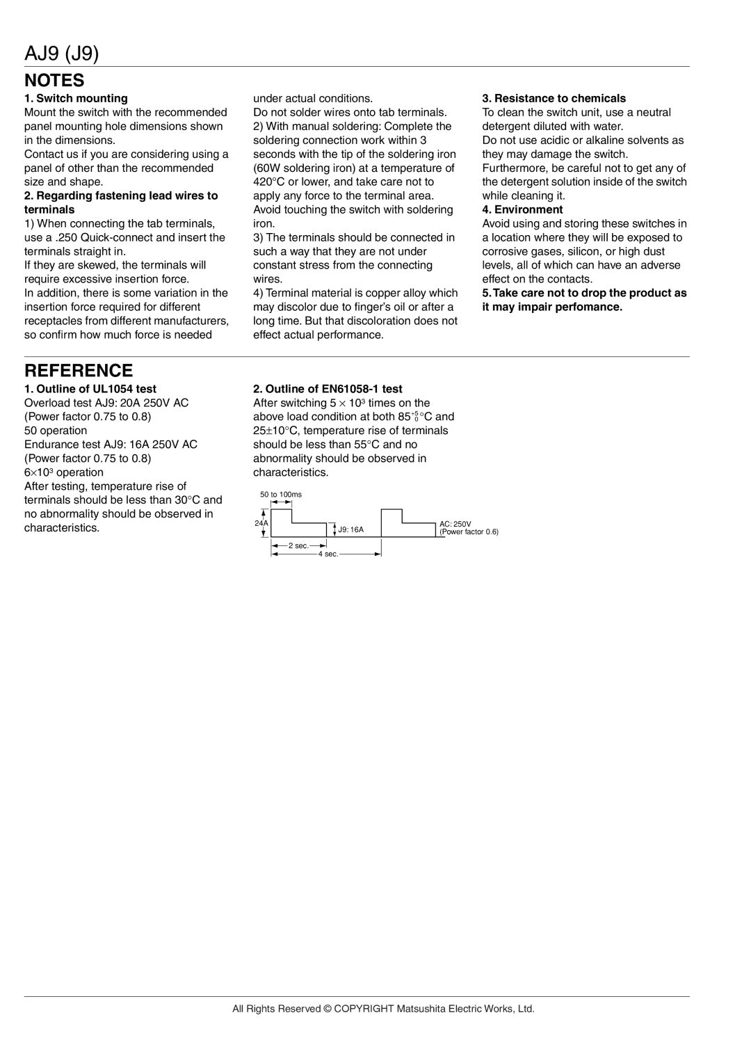 Panasonic AJ9 (J9) manual Reference, Switch mounting, Regarding fastening lead wires to terminals, Resistance to chemicals 