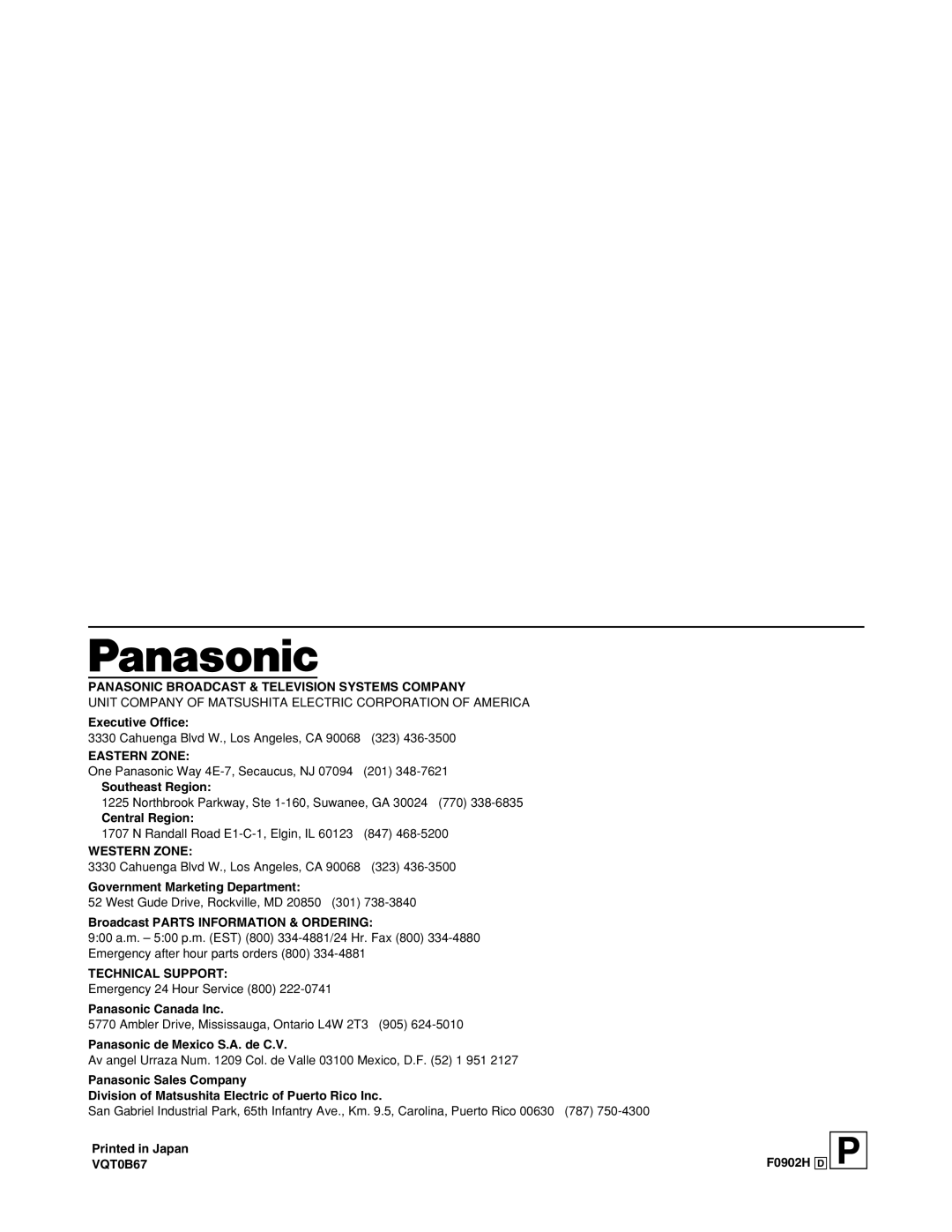 Panasonic AK-HBU931P manual VQT0B67 