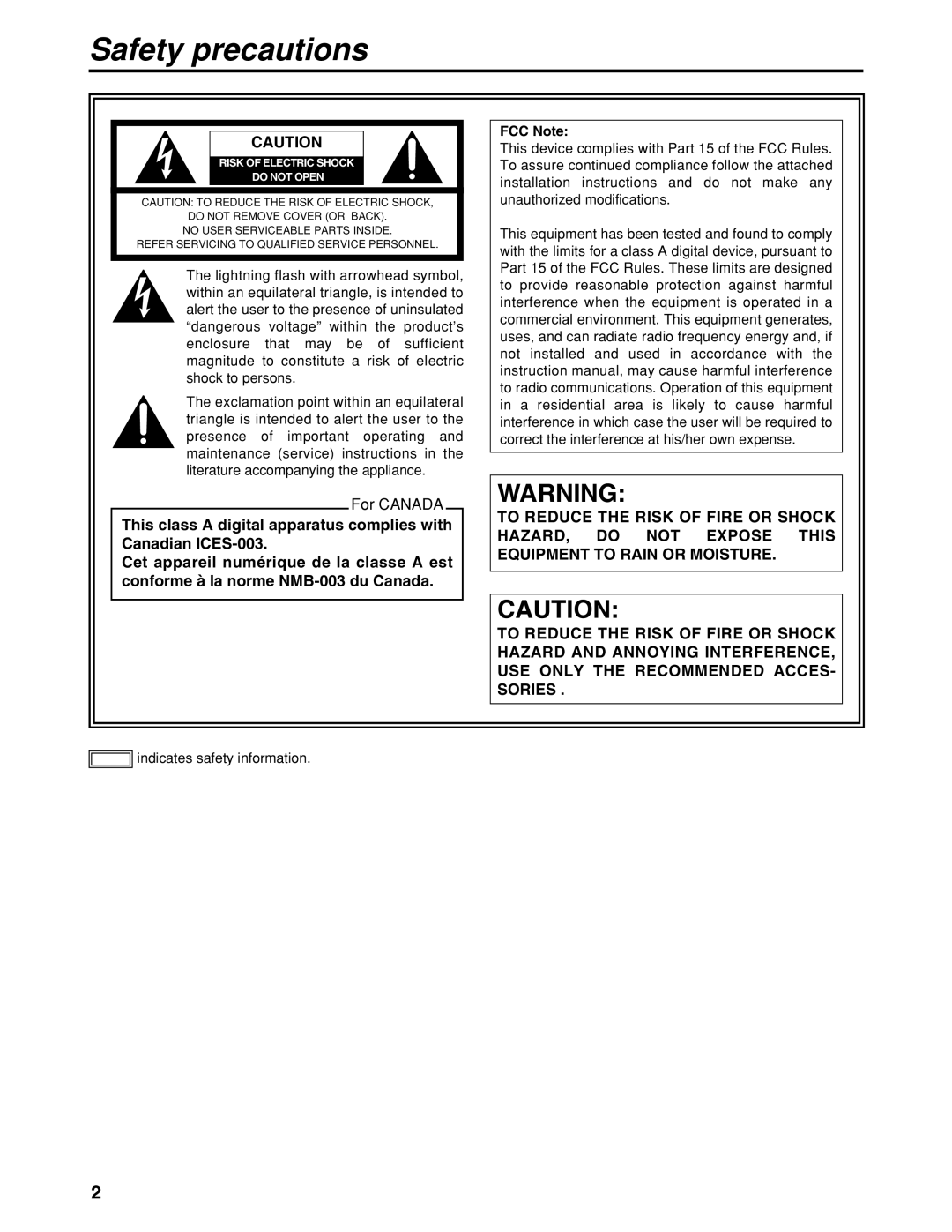 Panasonic AK-HBU931P manual Safety precautions, FCC Note 