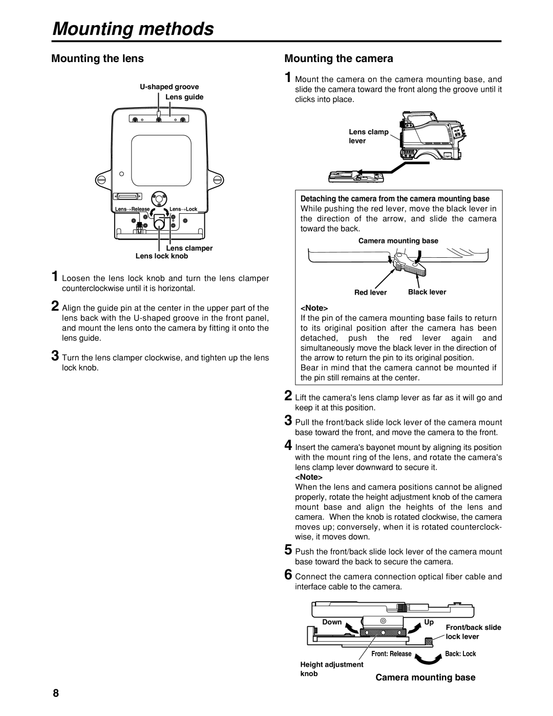 Panasonic AK-HBU931P manual Mounting methods, Mounting the lens, Mounting the camera 