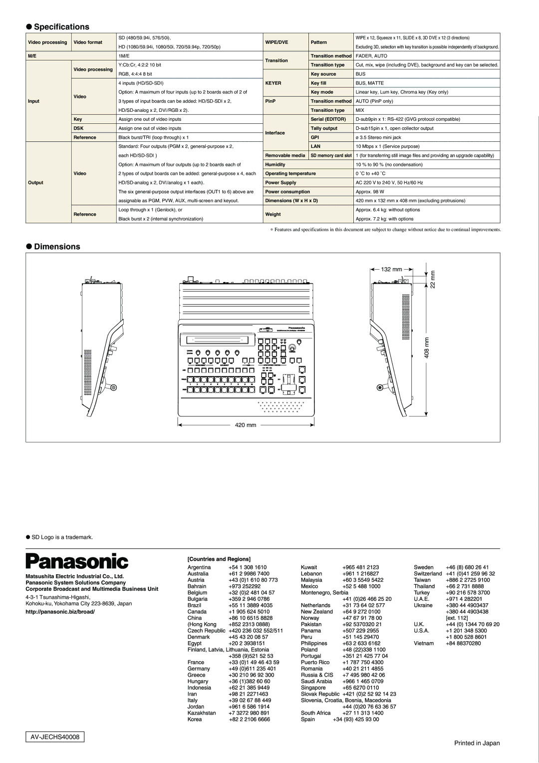 Panasonic AK-HC1500 manual Specifications 