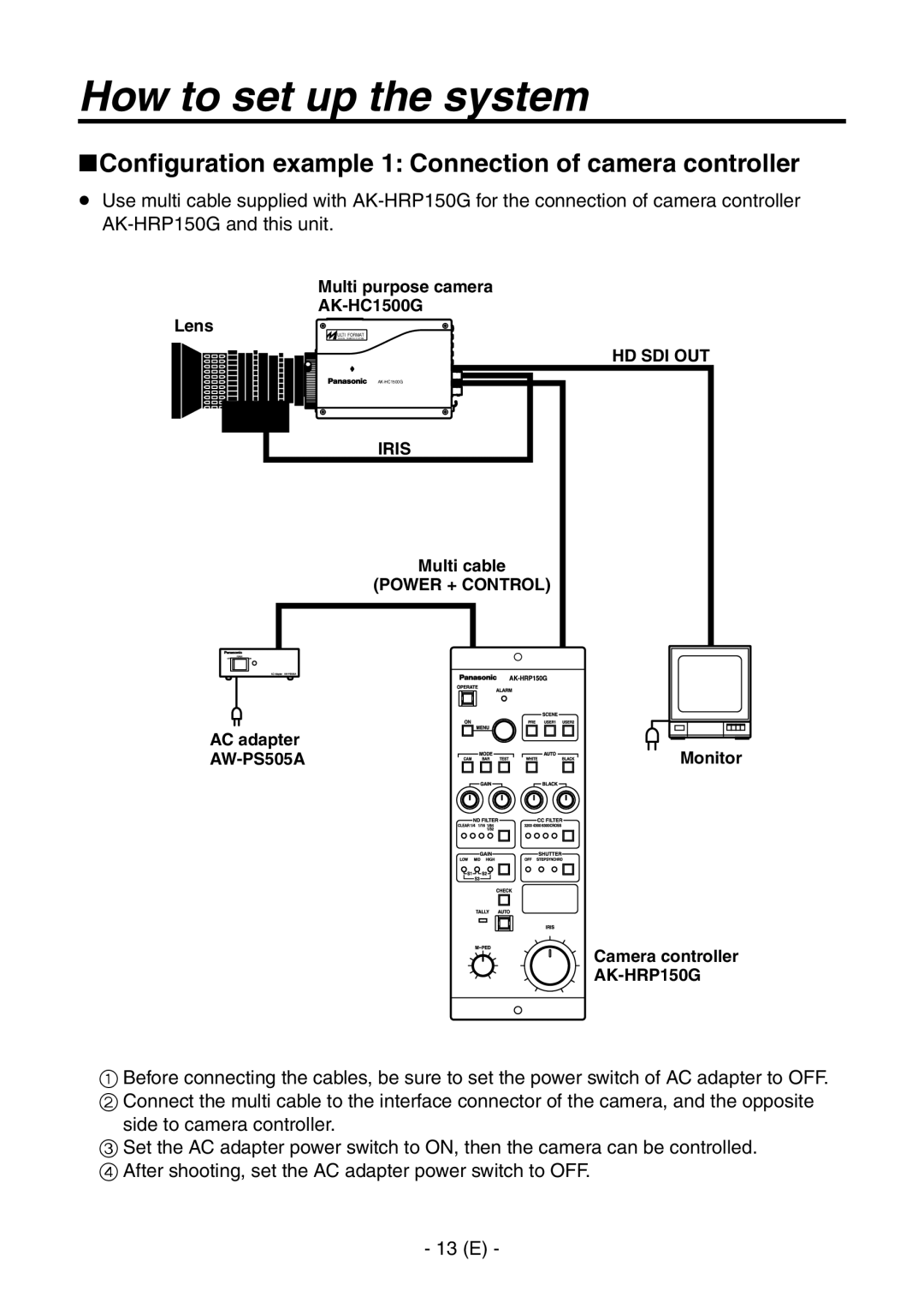 Panasonic AK-HC1500G How to set up the system, Configuration example 1 Connection of camera controller 