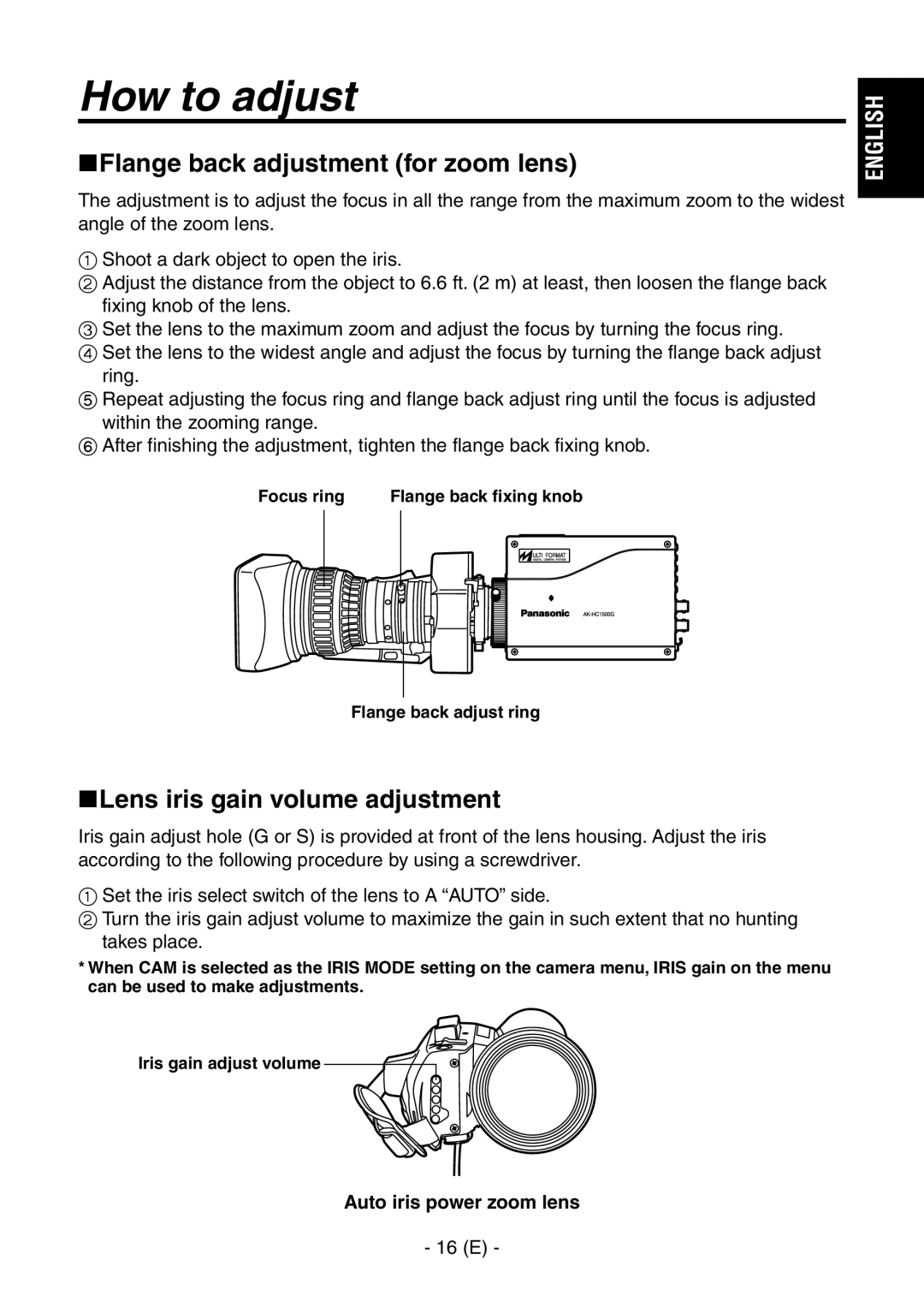 Panasonic AK-HC1500G How to adjust, Flange back adjustment for zoom lens, Lens iris gain volume adjustment 