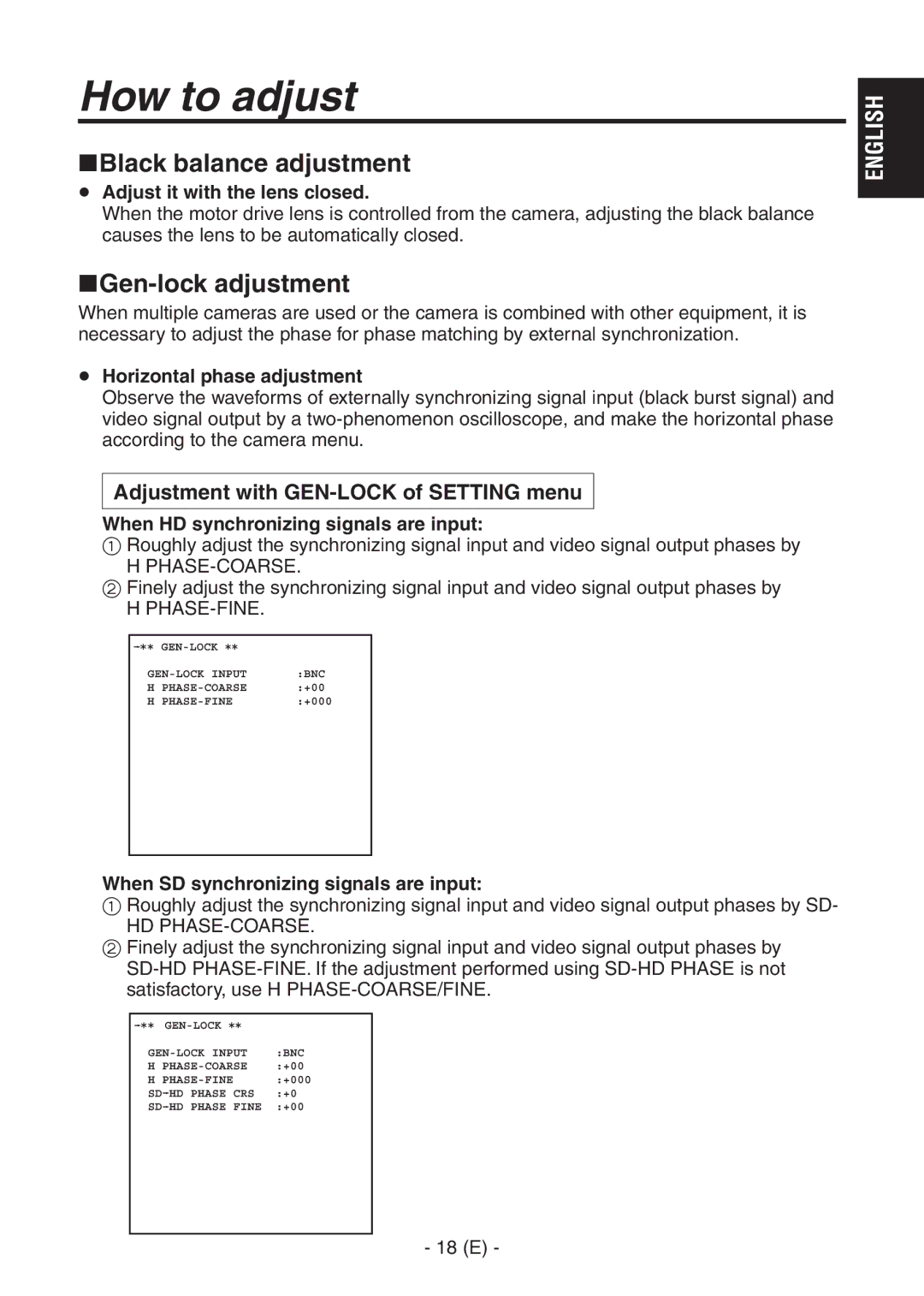 Panasonic AK-HC1500G operating instructions Black balance adjustment, Gen-lock adjustment 