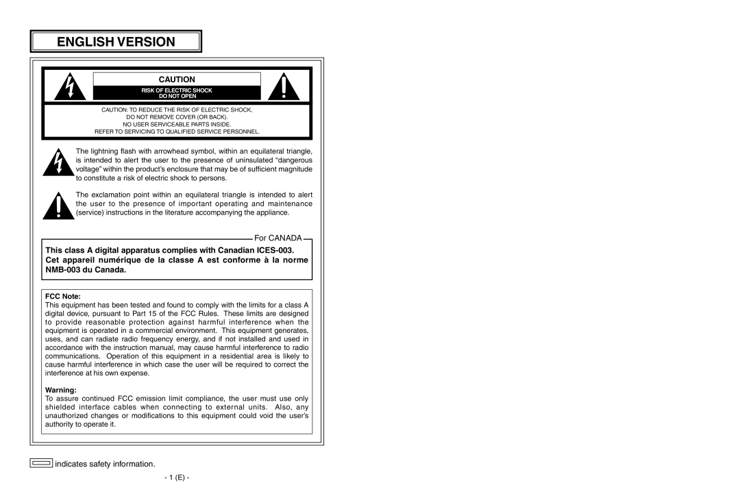 Panasonic AK-HC1500G operating instructions English Version, FCC Note 