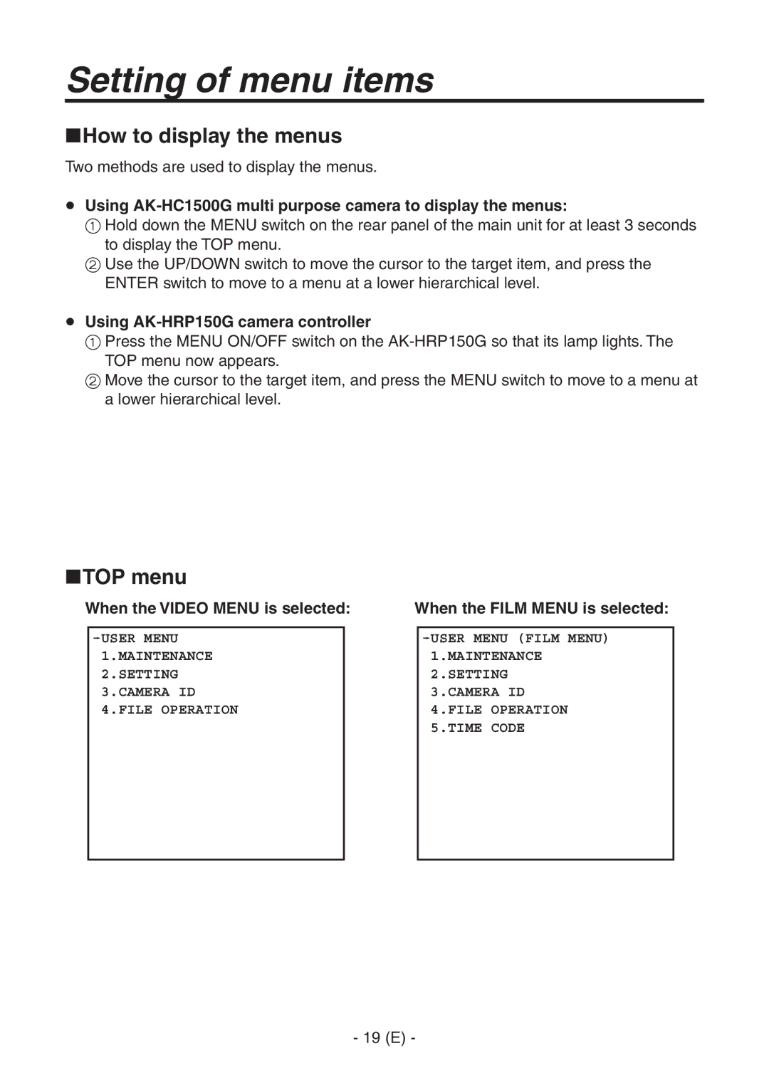 Panasonic AK-HC1500G Setting of menu items, How to display the menus, TOP menu,  Using AK-HRP150G camera controller 