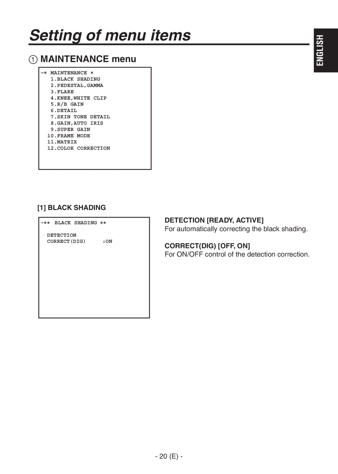 Panasonic AK-HC1500G operating instructions  Maintenance menu, Black Shading, Detection READY, Active, Correctdig OFF, on 