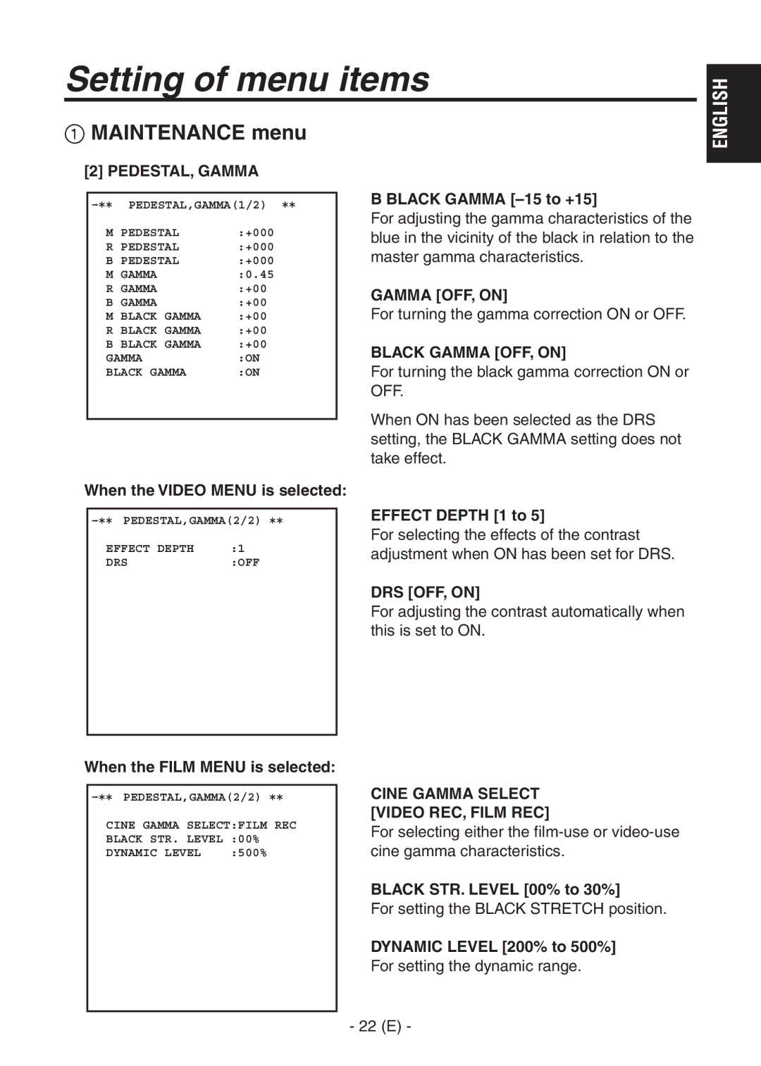 Panasonic AK-HC1500G operating instructions Black Gamma OFF, on, DRS OFF, on, Cine Gamma Select Video REC, Film REC 