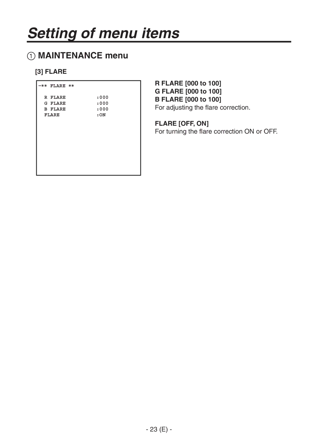 Panasonic AK-HC1500G operating instructions Flare 000 to, Flare OFF, on 