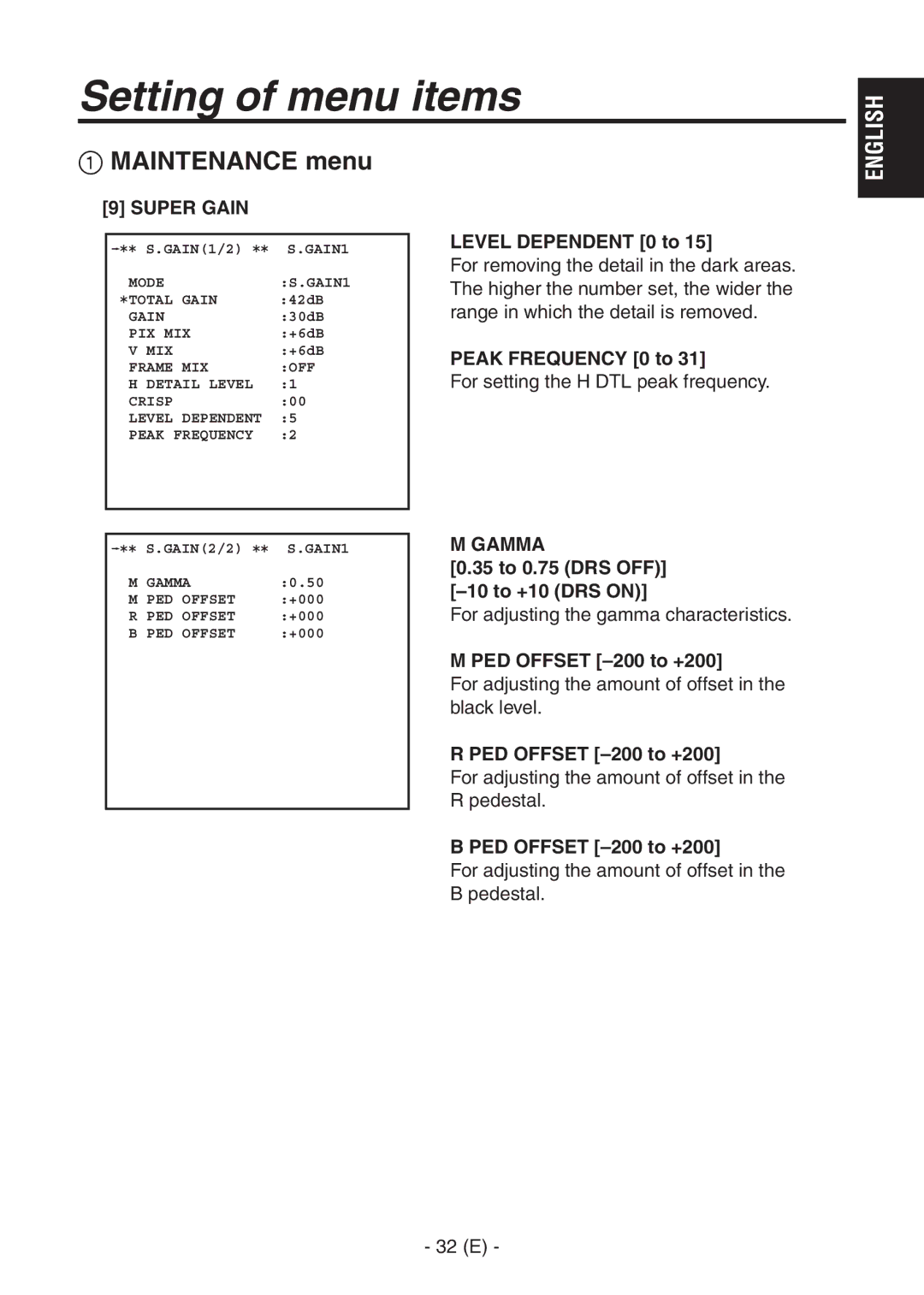 Panasonic AK-HC1500G Peak Frequency 0 to, 35 to 0.75 DRS OFF -10 to +10 DRS on, PED Offset -200 to +200 