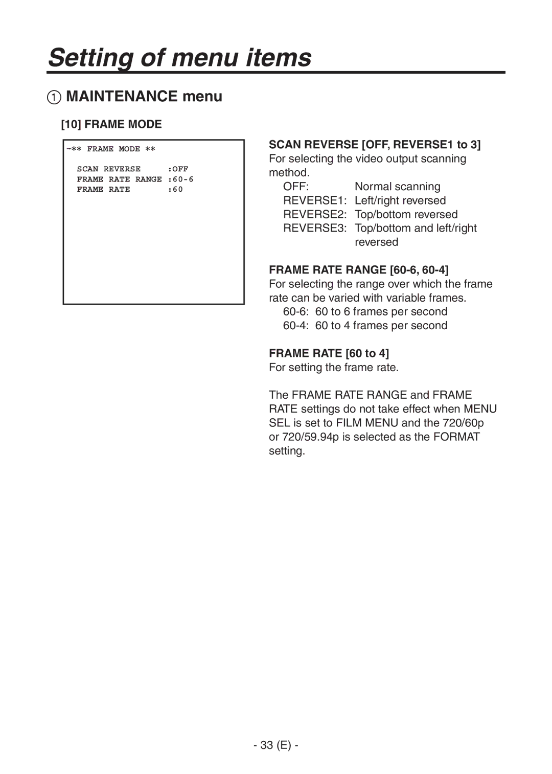 Panasonic AK-HC1500G operating instructions Frame Mode, Frame Rate Range 60-6, Frame Rate 60 to 