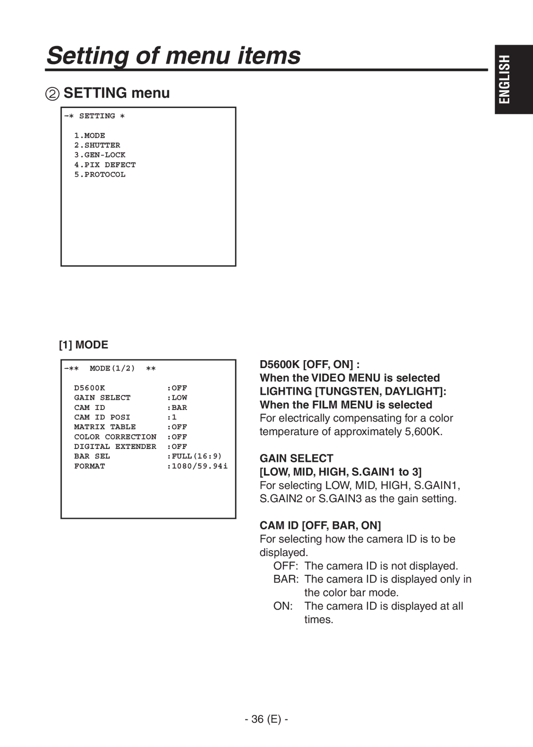 Panasonic AK-HC1500G  Setting menu, Mode, Gain Select, LOW, MID, HIGH, S.GAIN1 to, CAM ID OFF, BAR, on 