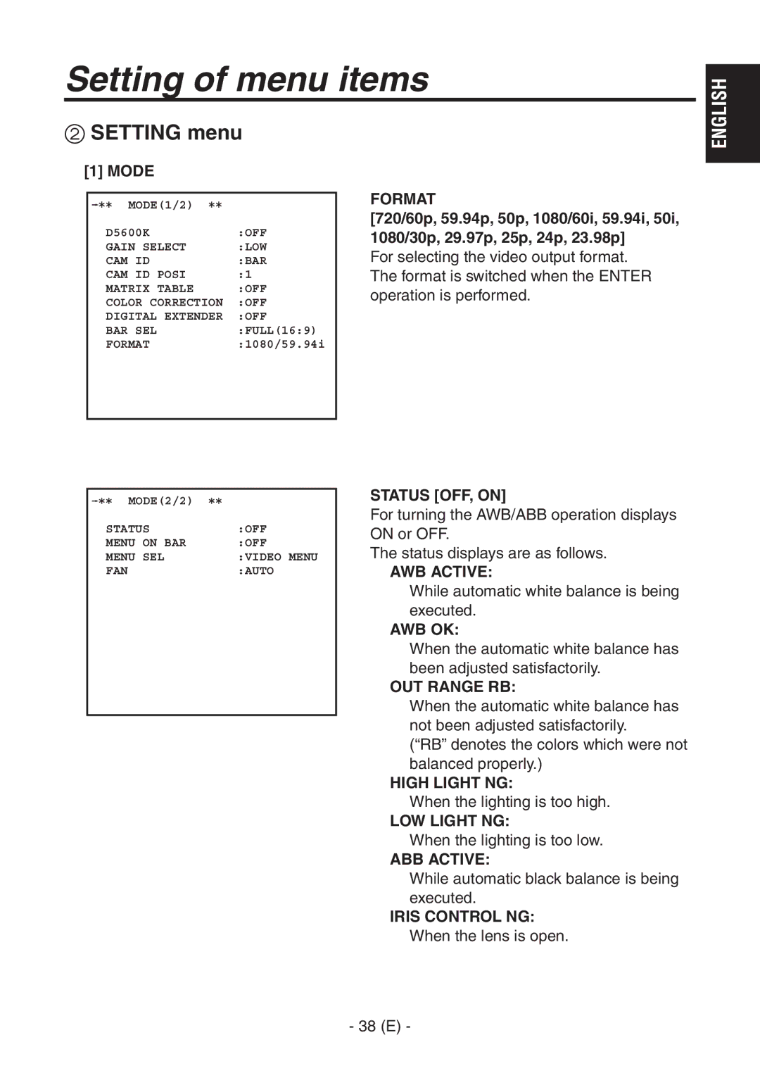 Panasonic AK-HC1500G Format, Status OFF, on, AWB Active, Awb Ok, OUT Range RB, High Light NG, LOW Light NG, ABB Active 