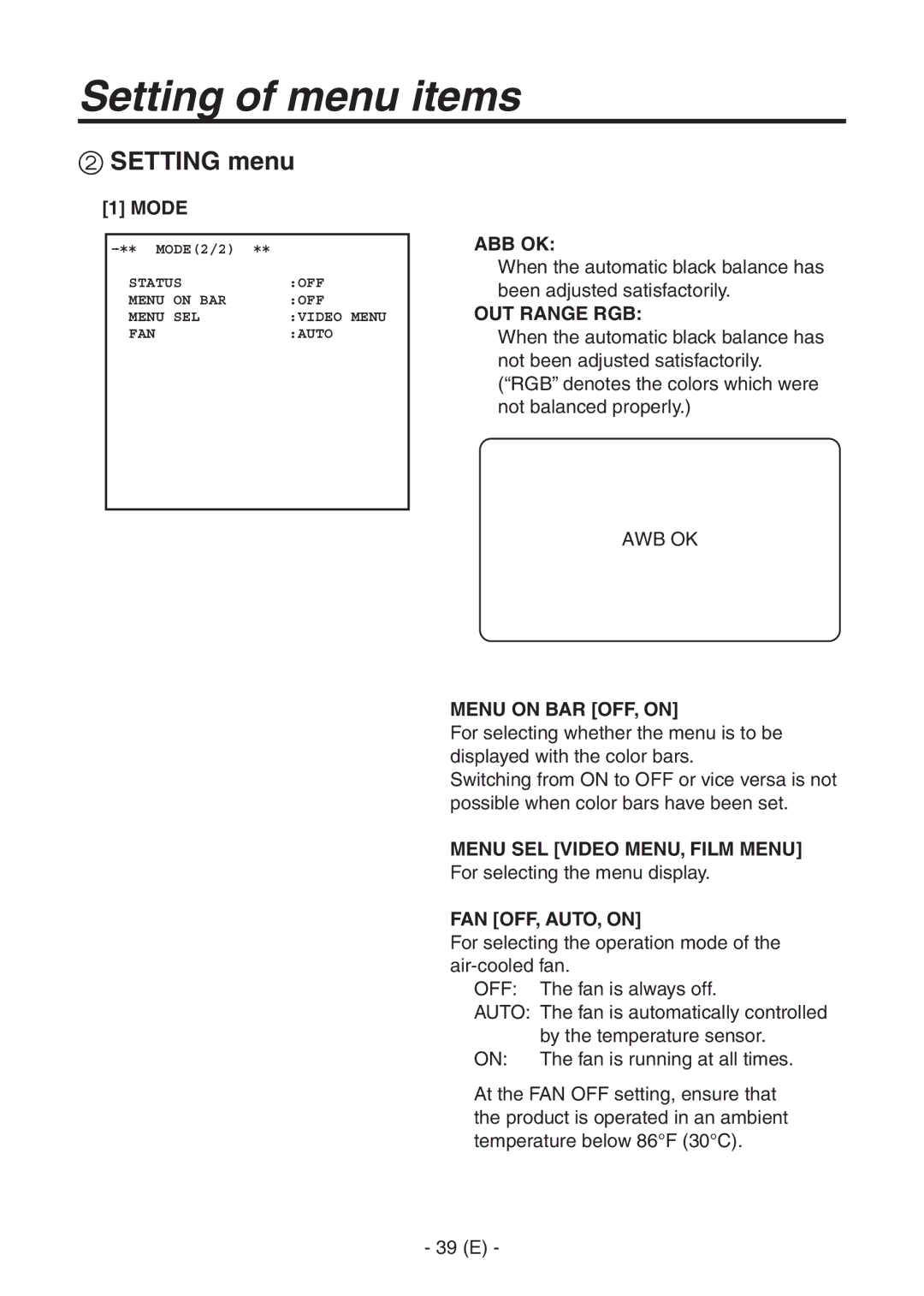 Panasonic AK-HC1500G operating instructions Abb Ok, OUT Range RGB, Menu on BAR OFF, on, FAN OFF, AUTO, on 