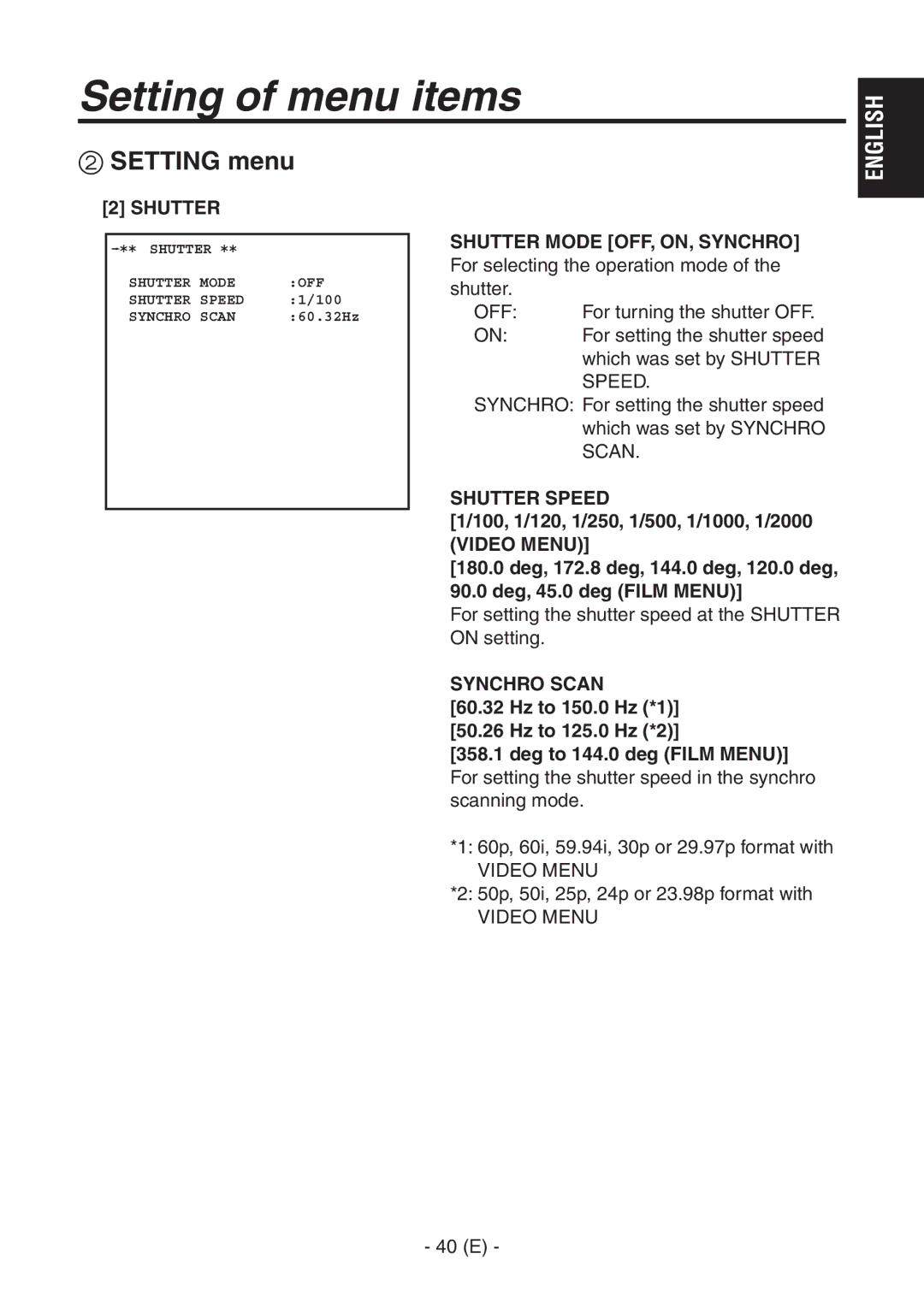 Panasonic AK-HC1500G operating instructions Shutter Speed, Synchro Scan 