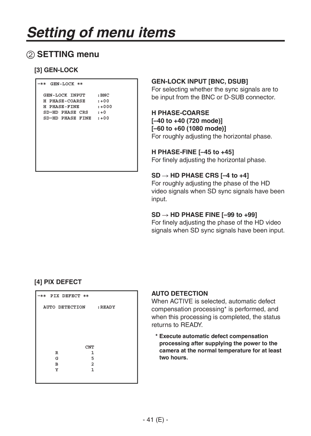 Panasonic AK-HC1500G operating instructions Gen-Lock, PIX Defect, GEN-LOCK Input BNC, Dsub, Auto Detection 