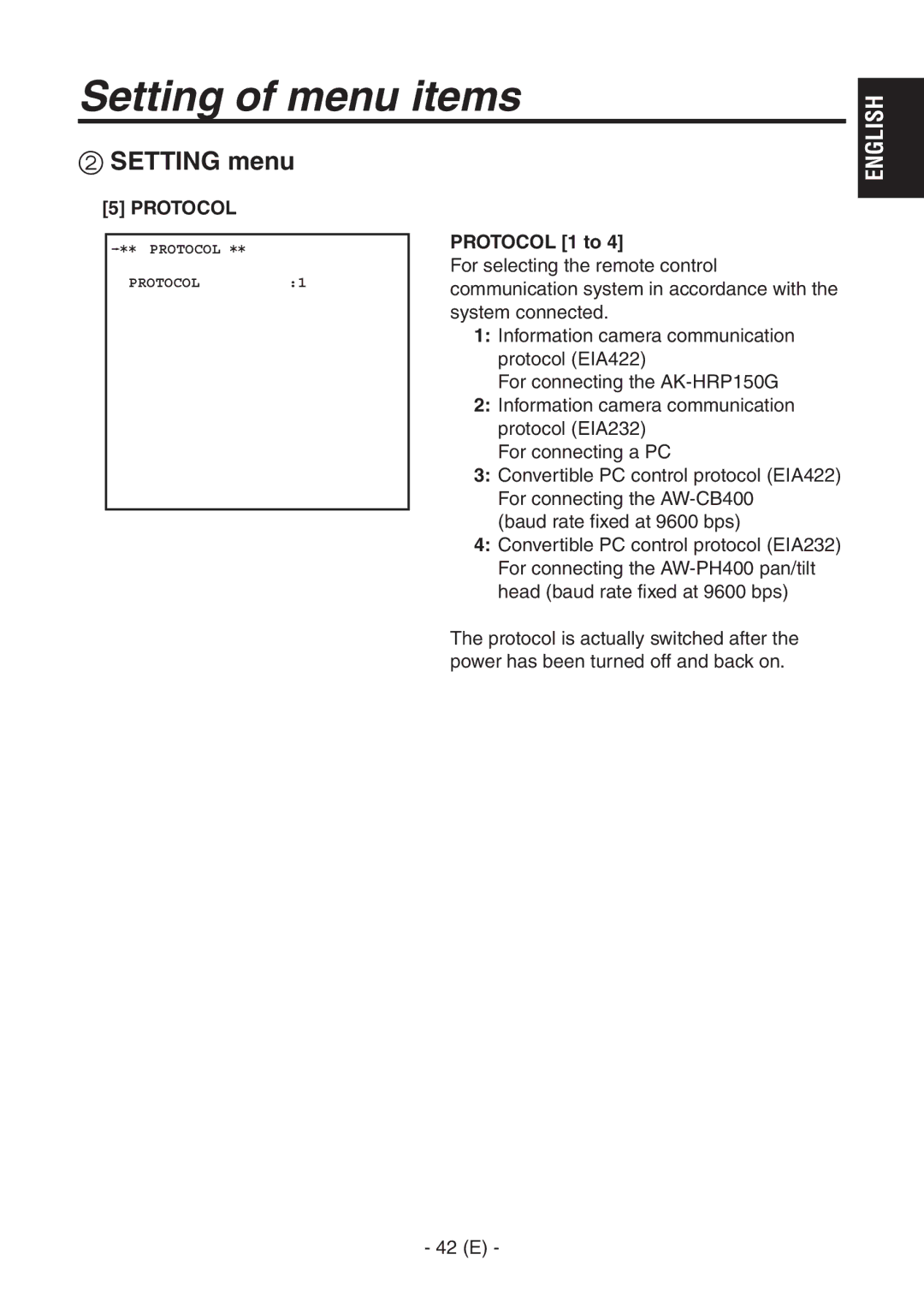 Panasonic AK-HC1500G operating instructions Protocol 1 to 