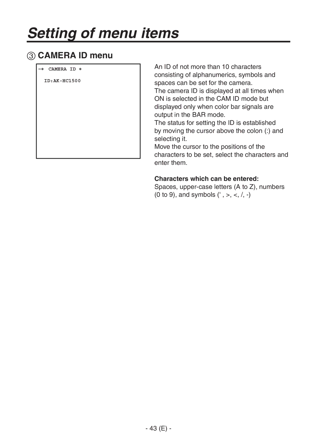 Panasonic AK-HC1500G operating instructions  Camera ID menu 