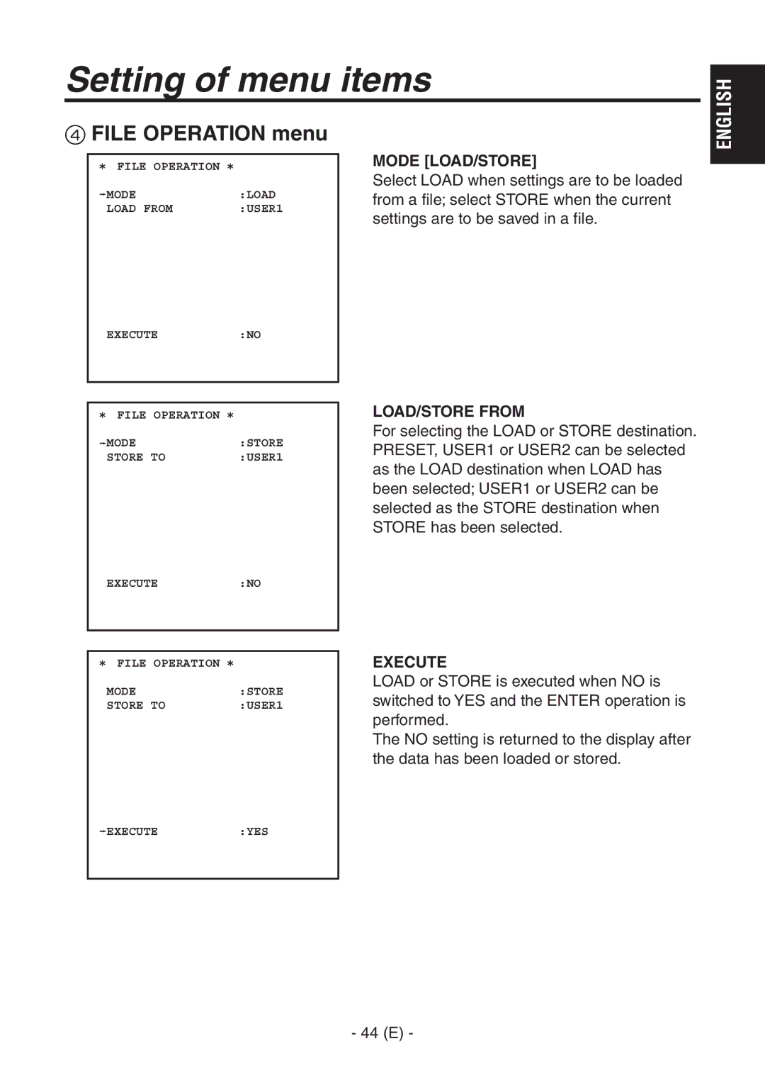 Panasonic AK-HC1500G operating instructions  File Operation menu, Mode LOAD/STORE, LOAD/STORE from, Execute 