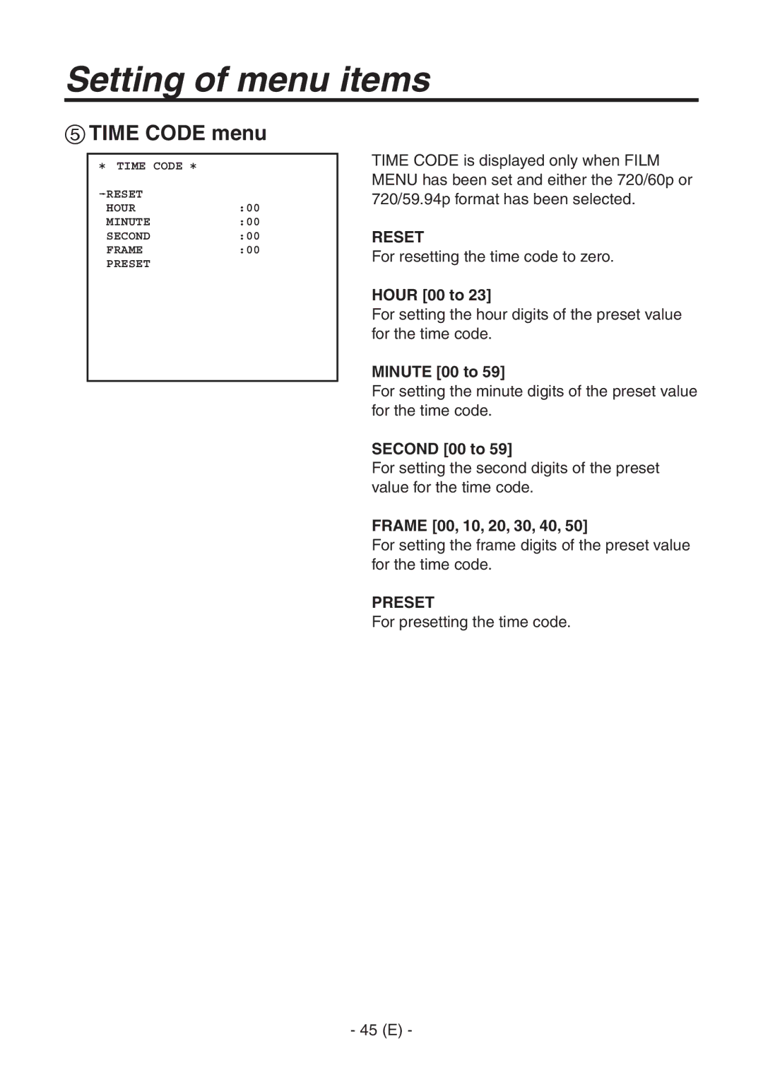 Panasonic AK-HC1500G operating instructions  Time Code menu, Reset, Preset 