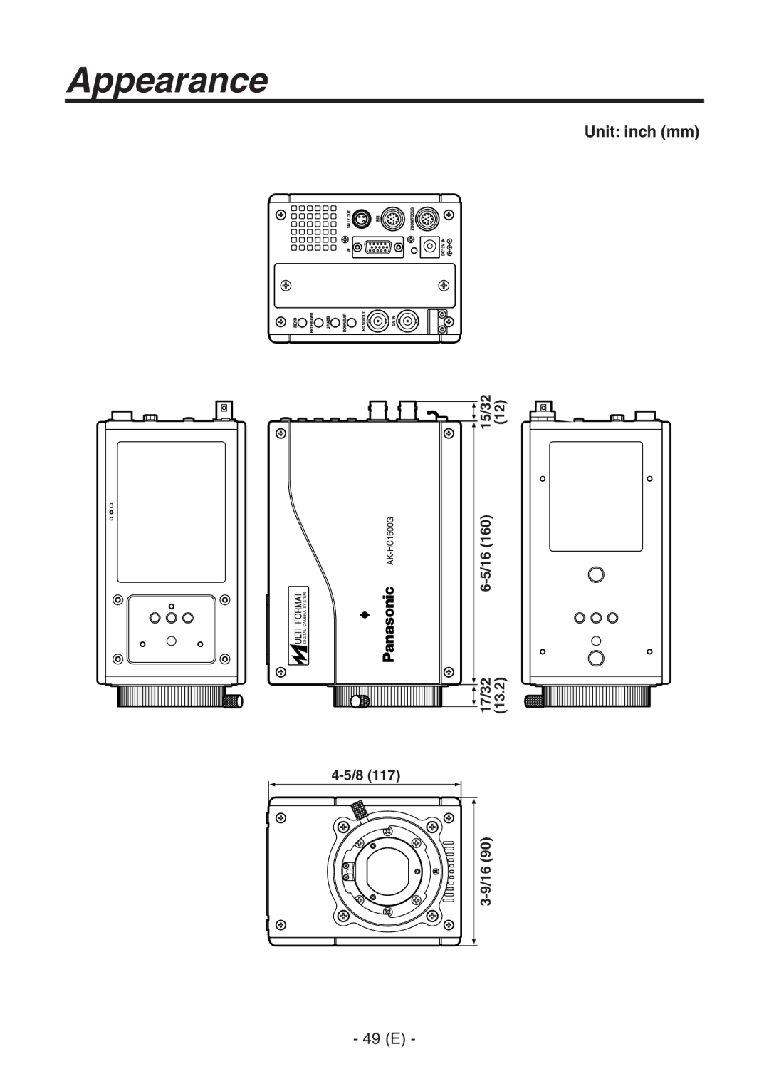 Panasonic AK-HC1500G operating instructions Appearance, Unit inch mm 