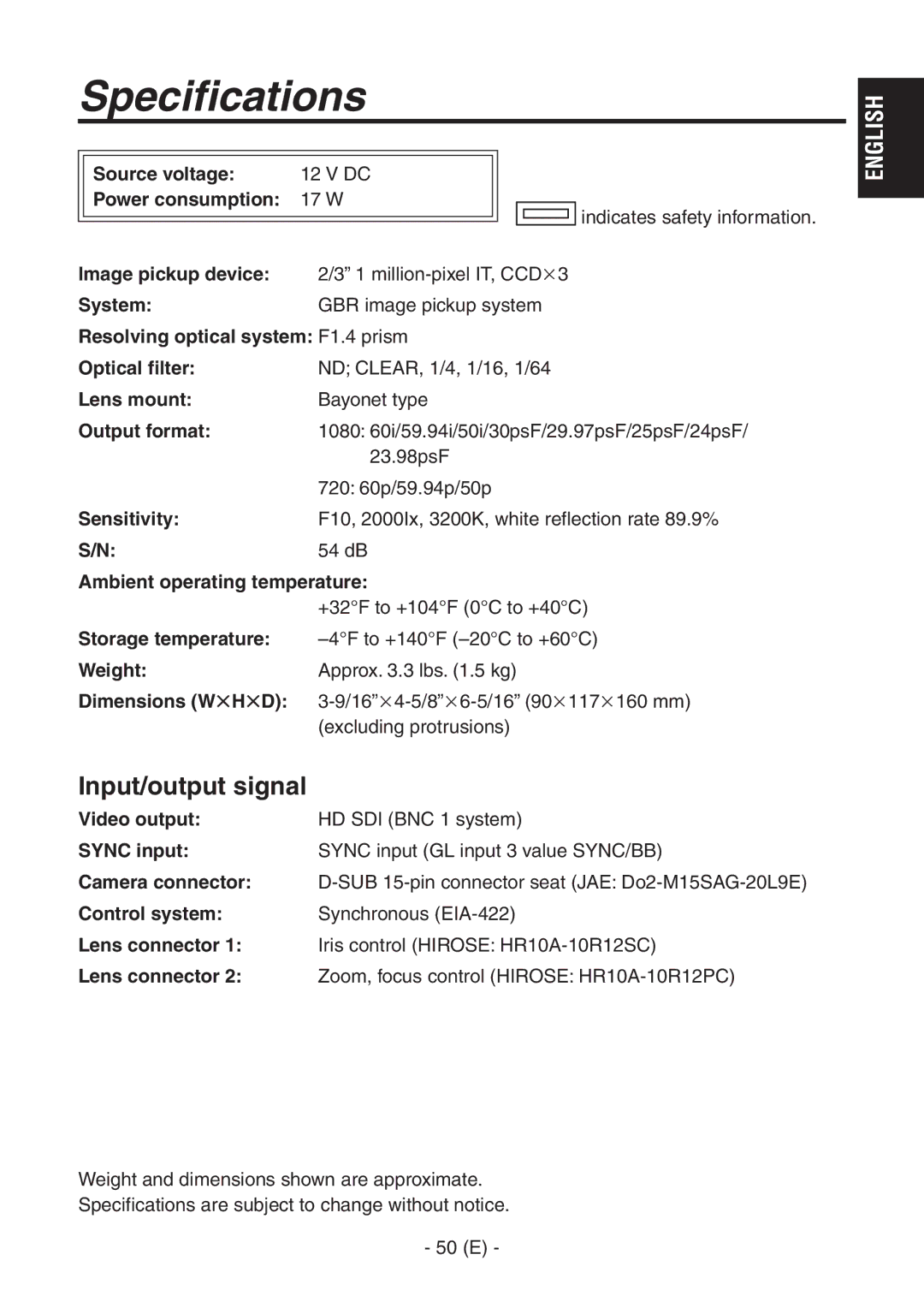 Panasonic AK-HC1500G operating instructions Specifications, Input/output signal 