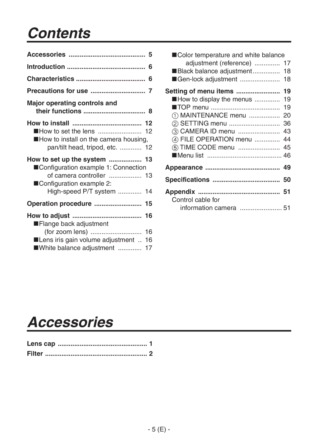 Panasonic AK-HC1500G operating instructions Contents, Accessories 