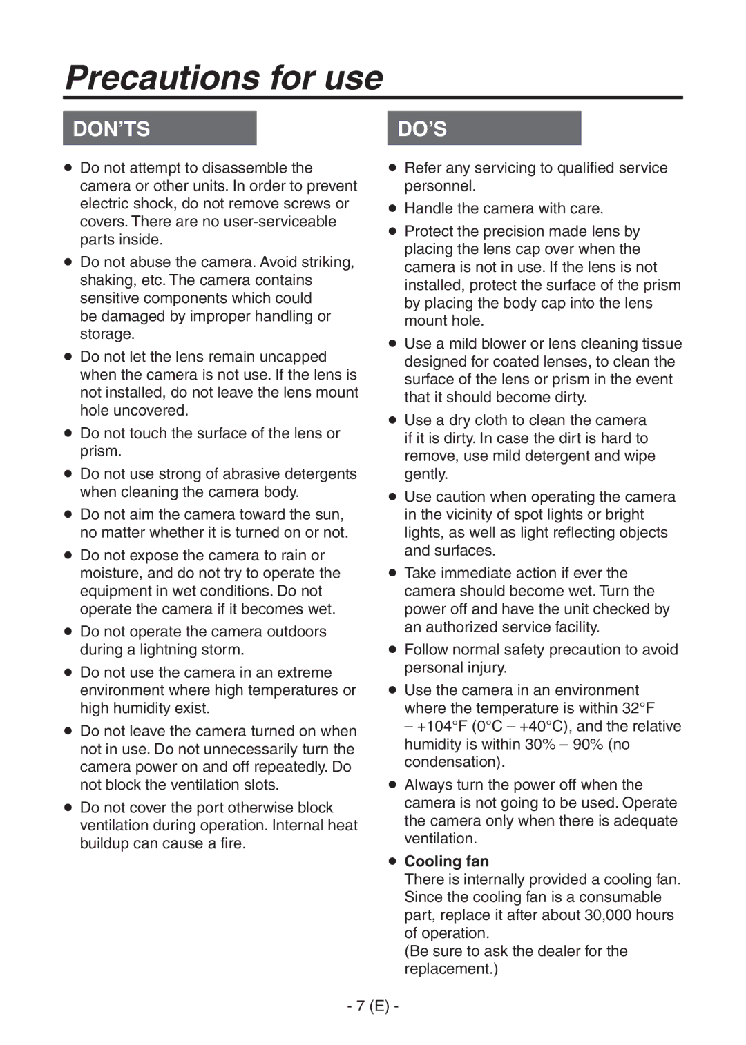 Panasonic AK-HC1500G operating instructions Precautions for use,  Cooling fan 