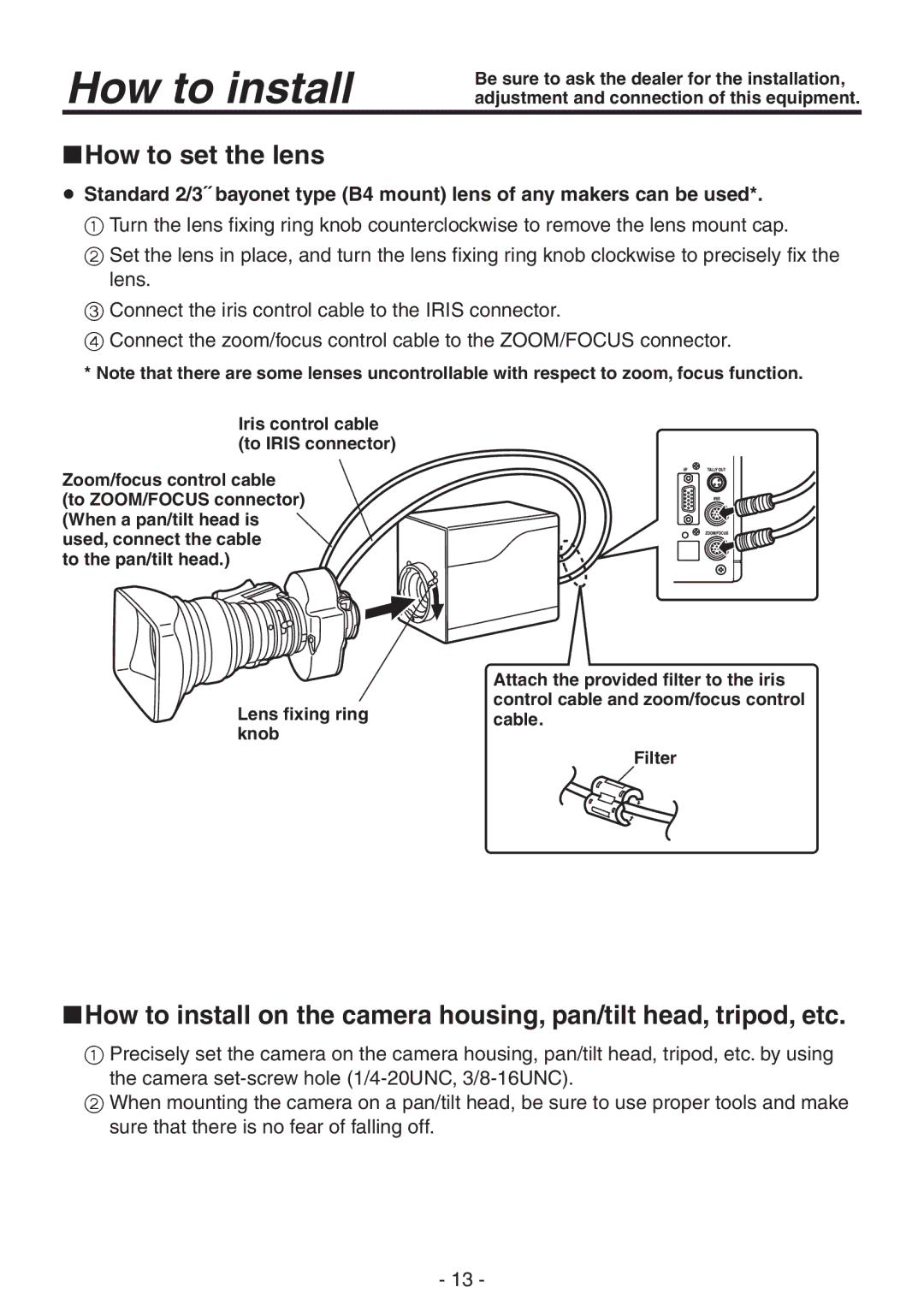 Panasonic AK-HC1800N operating instructions How to install, How to set the lens 