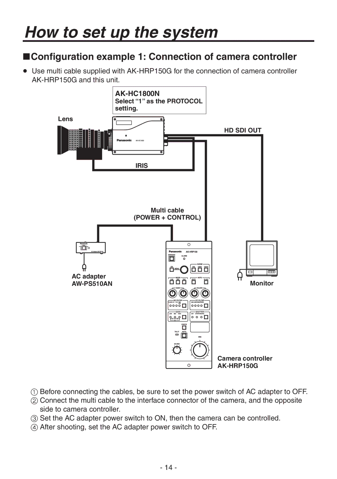 Panasonic AK-HC1800N How to set up the system, Configuration example 1 Connection of camera controller 