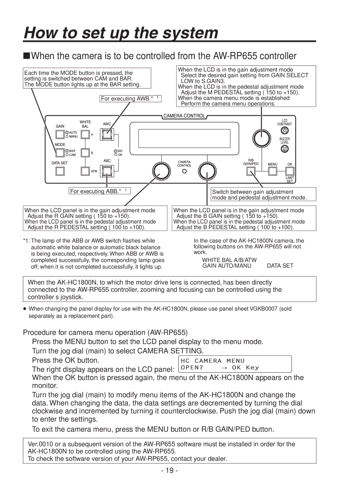 Panasonic AK-HC1800N Procedure for camera menu operation AW-RP655, When the LCD panel is in the pedestal adjustment mode 