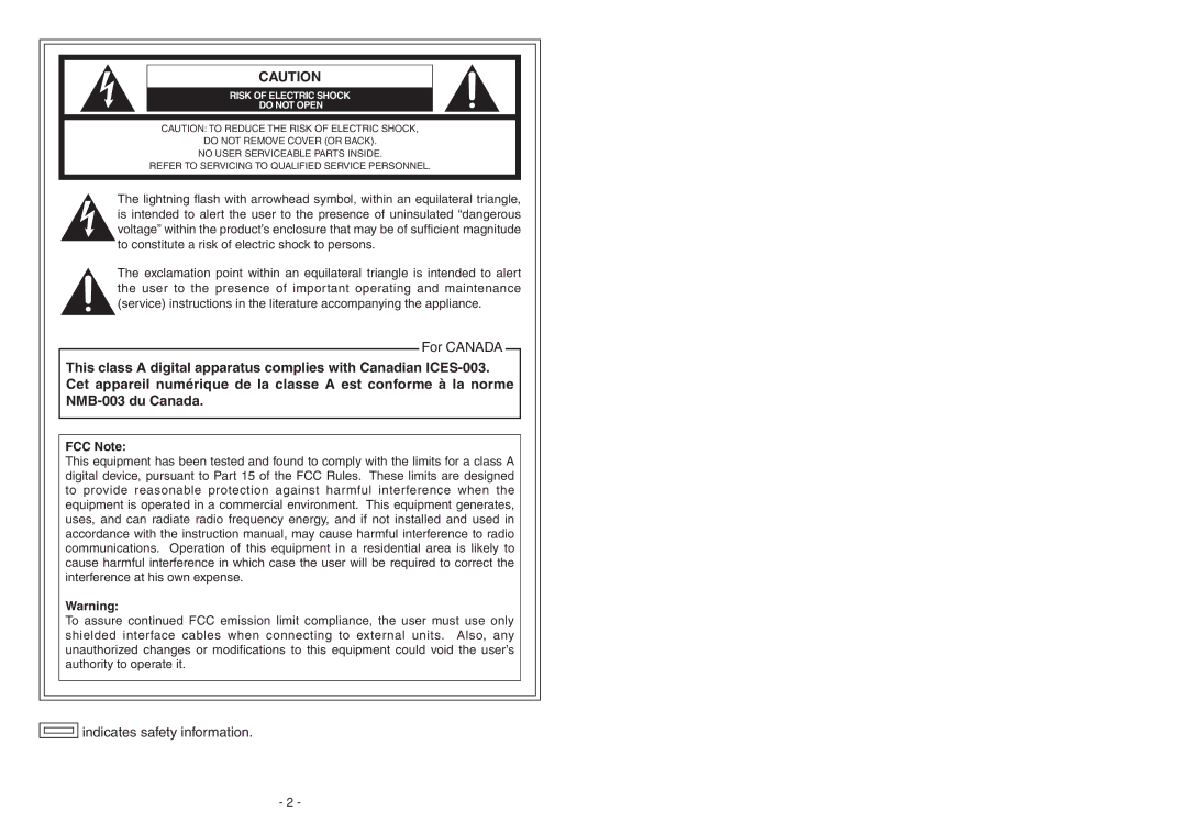 Panasonic AK-HC1800N operating instructions FCC Note, Do not Open 