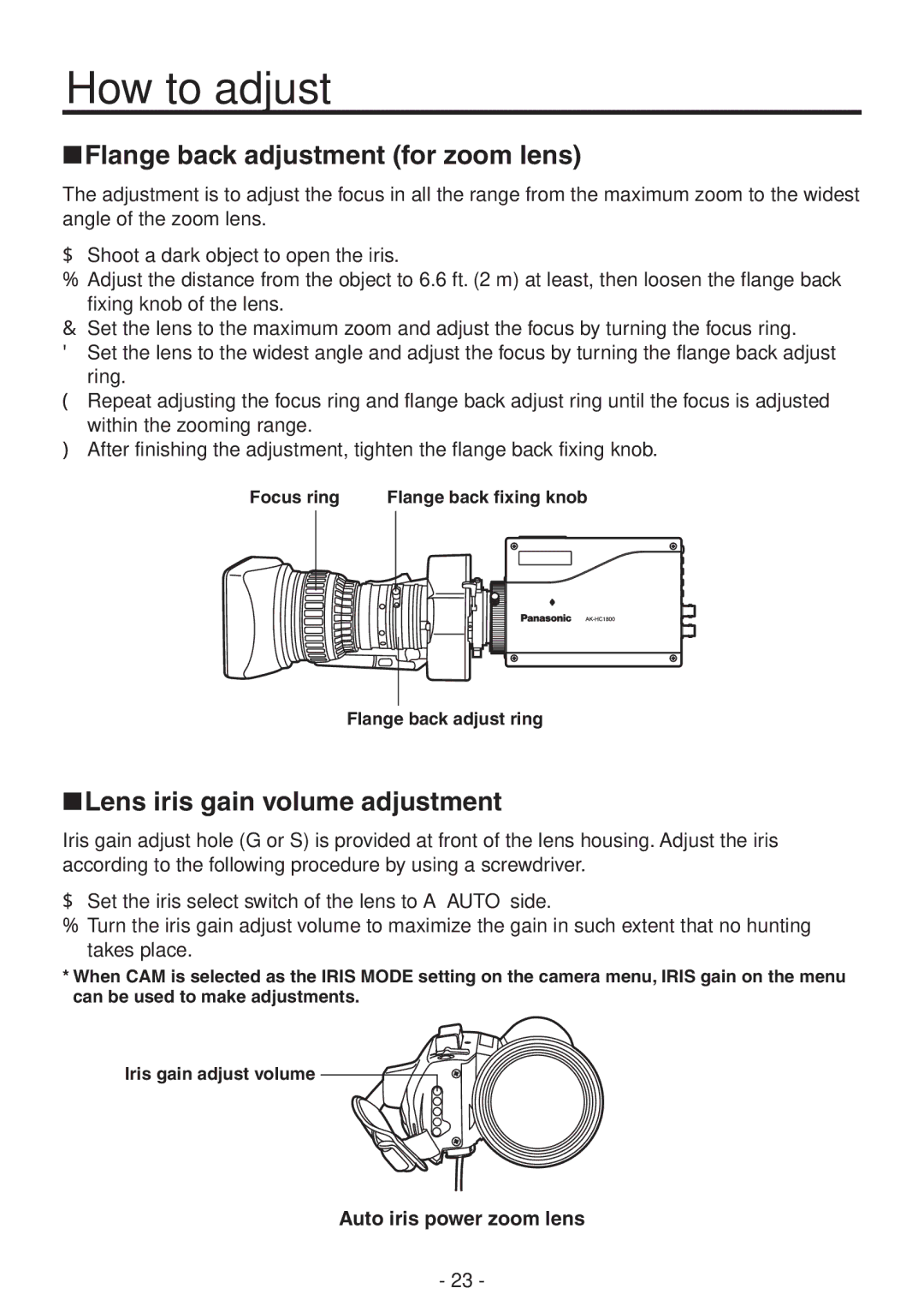 Panasonic AK-HC1800N How to adjust, Flange back adjustment for zoom lens, Lens iris gain volume adjustment 