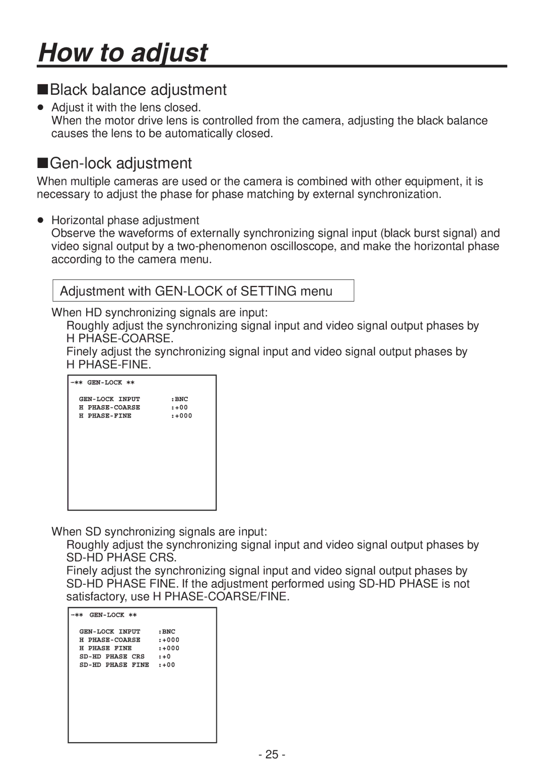 Panasonic AK-HC1800N operating instructions Black balance adjustment, Gen-lock adjustment 