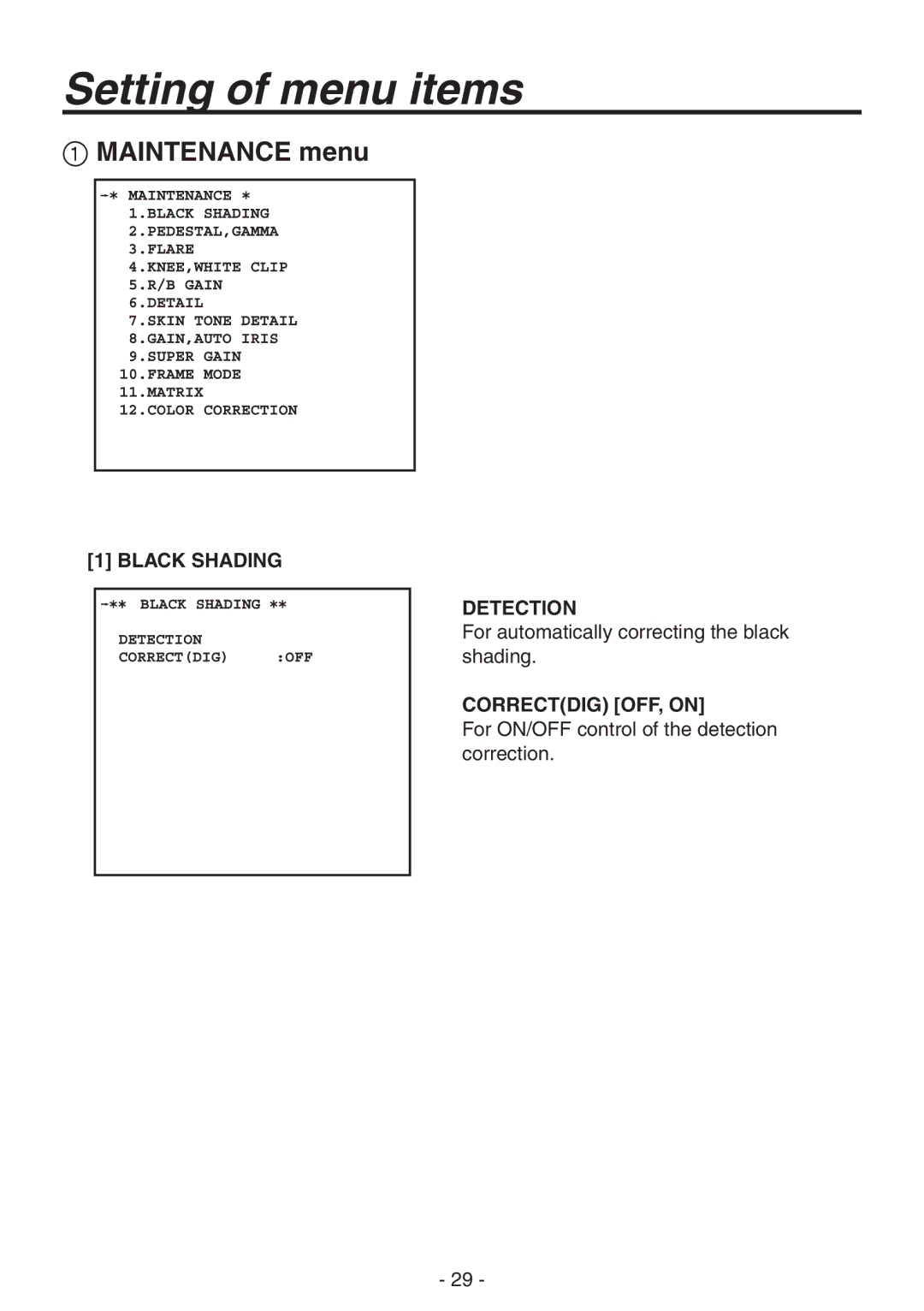 Panasonic AK-HC1800N operating instructions  Maintenance menu, Black Shading Detection, Correctdig OFF, on 