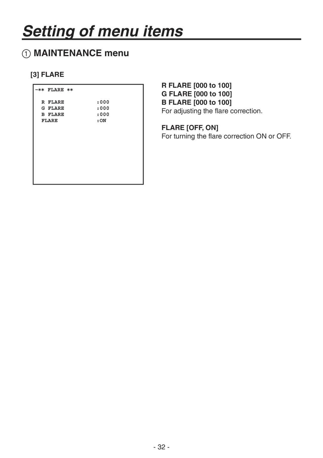 Panasonic AK-HC1800N operating instructions Flare 000 to, Flare OFF, on 