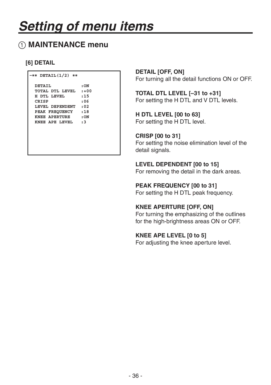 Panasonic AK-HC1800N operating instructions Detail Detail OFF, on, Knee Aperture OFF, on 