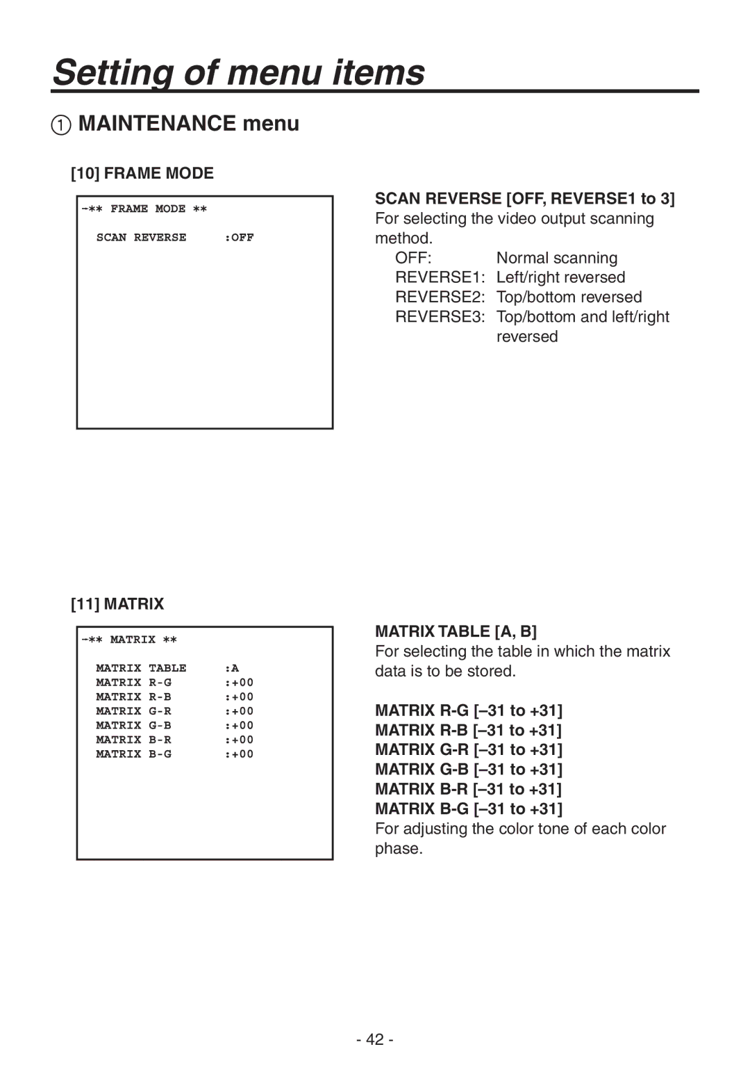 Panasonic AK-HC1800N operating instructions Frame Mode Matrix, Matrix Table A, B 