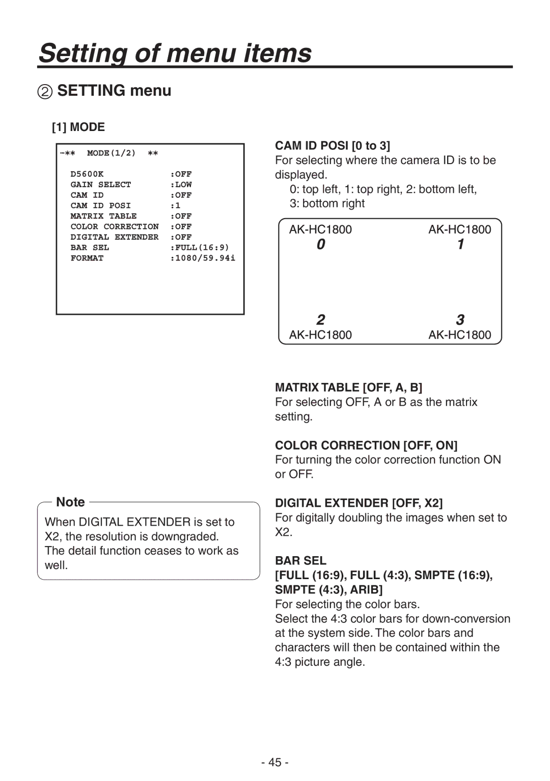 Panasonic AK-HC1800N operating instructions Matrix Table OFF, A, B, Color Correction OFF, on, Digital Extender OFF, Bar Sel 