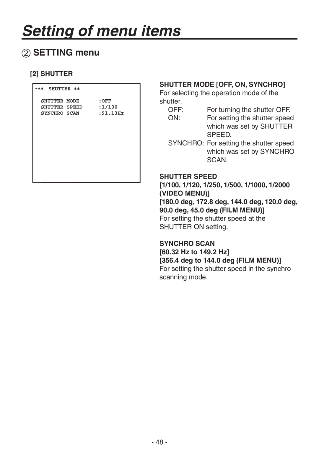 Panasonic AK-HC1800N operating instructions Shutter Shutter Mode OFF, ON, Synchro, Shutter Speed 