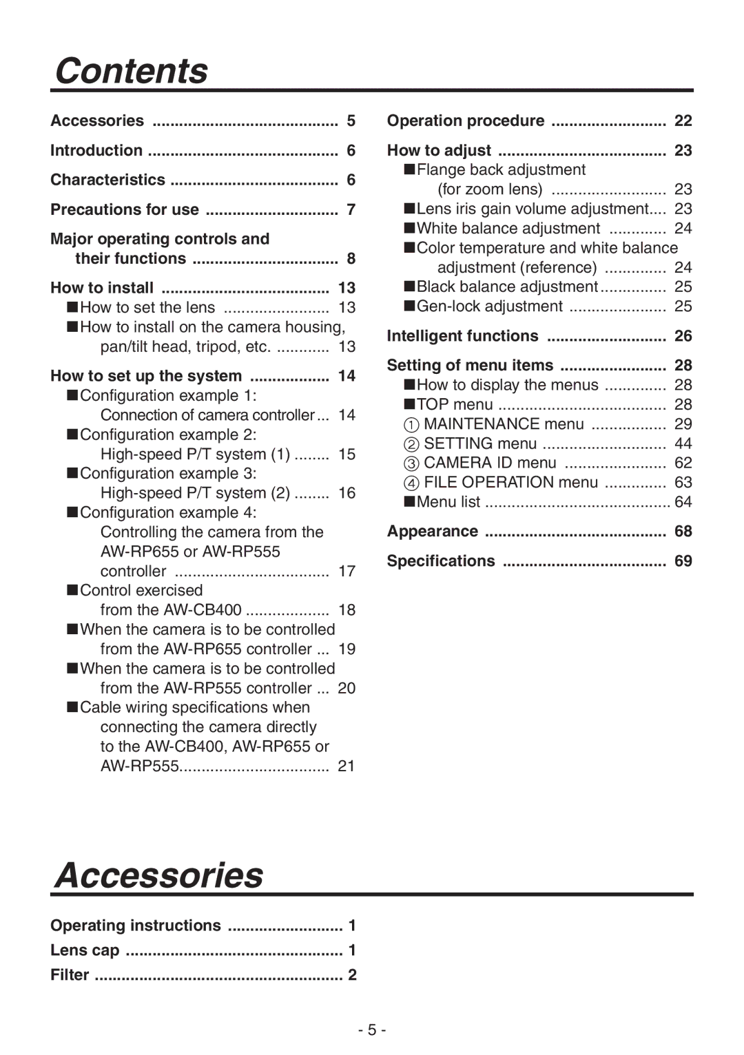 Panasonic AK-HC1800N operating instructions Contents, Accessories 