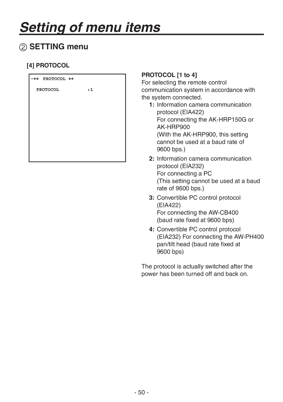 Panasonic AK-HC1800N operating instructions Protocol 1 to 